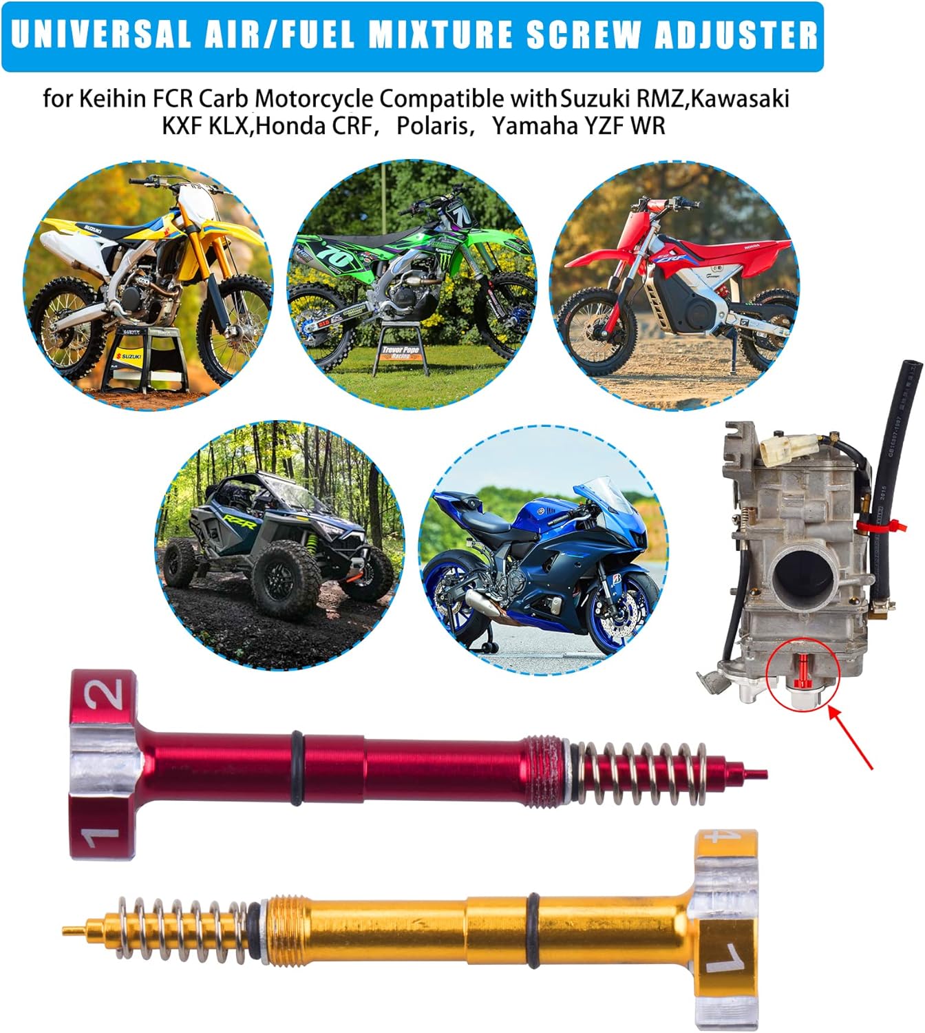 JINGKE Ajustador universal de tornillo de mezcla de airecombustible para motocicleta Keihin FCR Carb compatible con Suzuki RMZ, Kawasaki KXF KLX,
