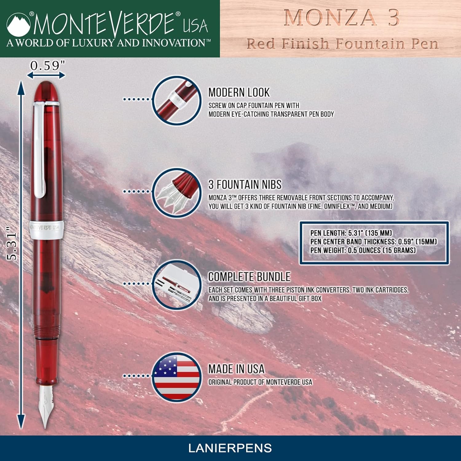 Monteverde Monza – Pluma estilográfica (3 unidades), color rojo