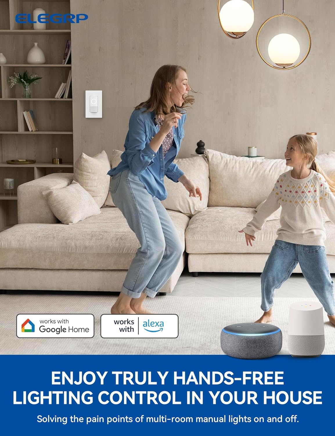 ELEGRP Interruptor inteligente con sensor de movimiento, interruptor de luz Wi-Fi de 3 vías de 2.4 GHz, compatible con Alexa y Google Assistant,