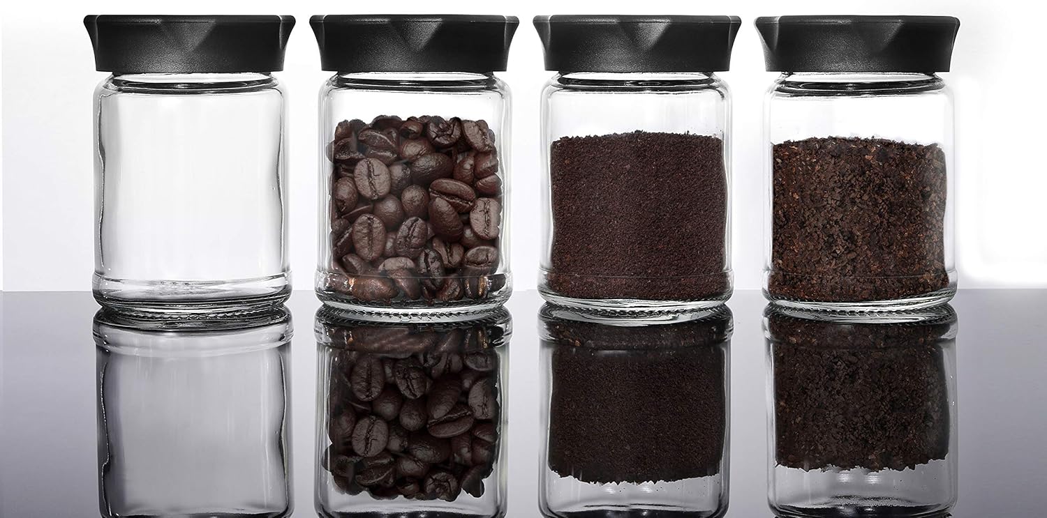 VEVOK CHEF Mini tarros de vidrio con tapas negras, 4 piezas de almacenamiento de alimentos, recipiente de cocina, recipiente pequeño para café, té,