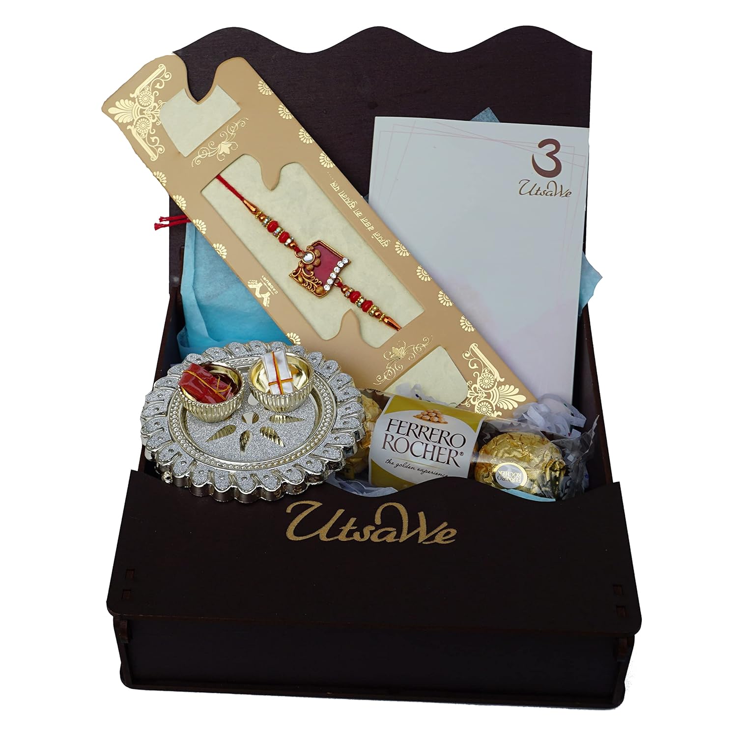 Cesto de regalo Blissful Rakhi con piedra de rubí y Roli, Chaval, tarjeta, chocolates