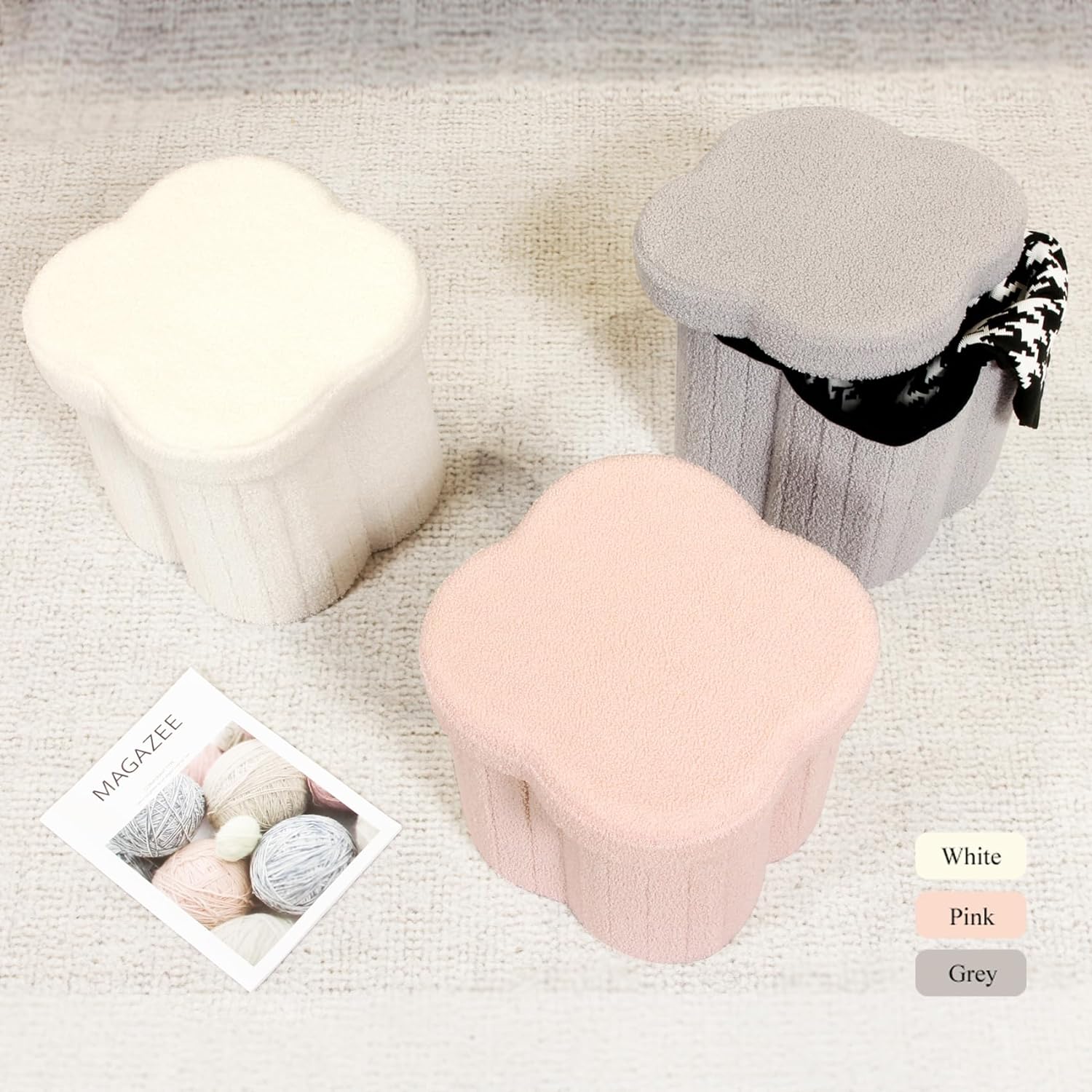 B FSOBEIIALEO Cubo otomano de almacenamiento, otomanas en forma de flores con reposapiés de almacenamiento para sala de estar, asiento otomano