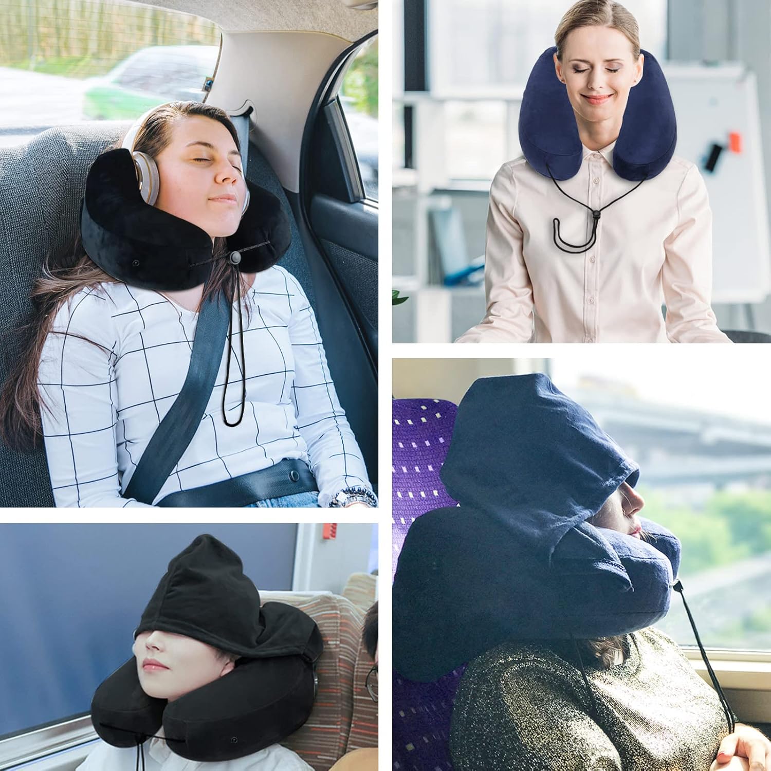 Almohada inflable de viaje con capucha y bolsa de almacenamiento, almohadas suaves para el cuello para viajar, almohada de apoyo para la cabeza del