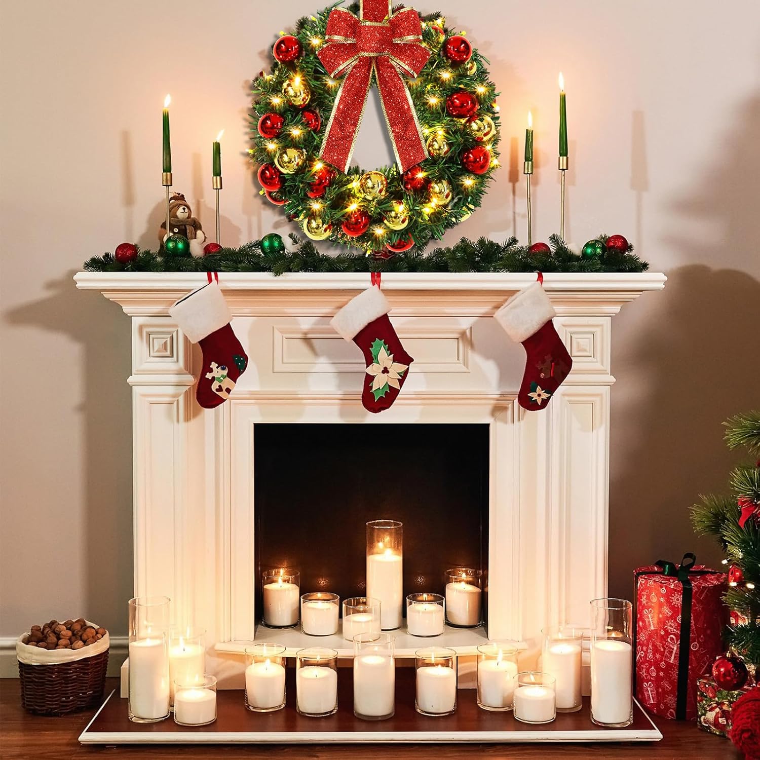 8 coronas de Navidad pequeñas iluminadas de 13.8 pulgadas, corona de aguja de pino artificial de Navidad con lazo grande, funciona con pilas,