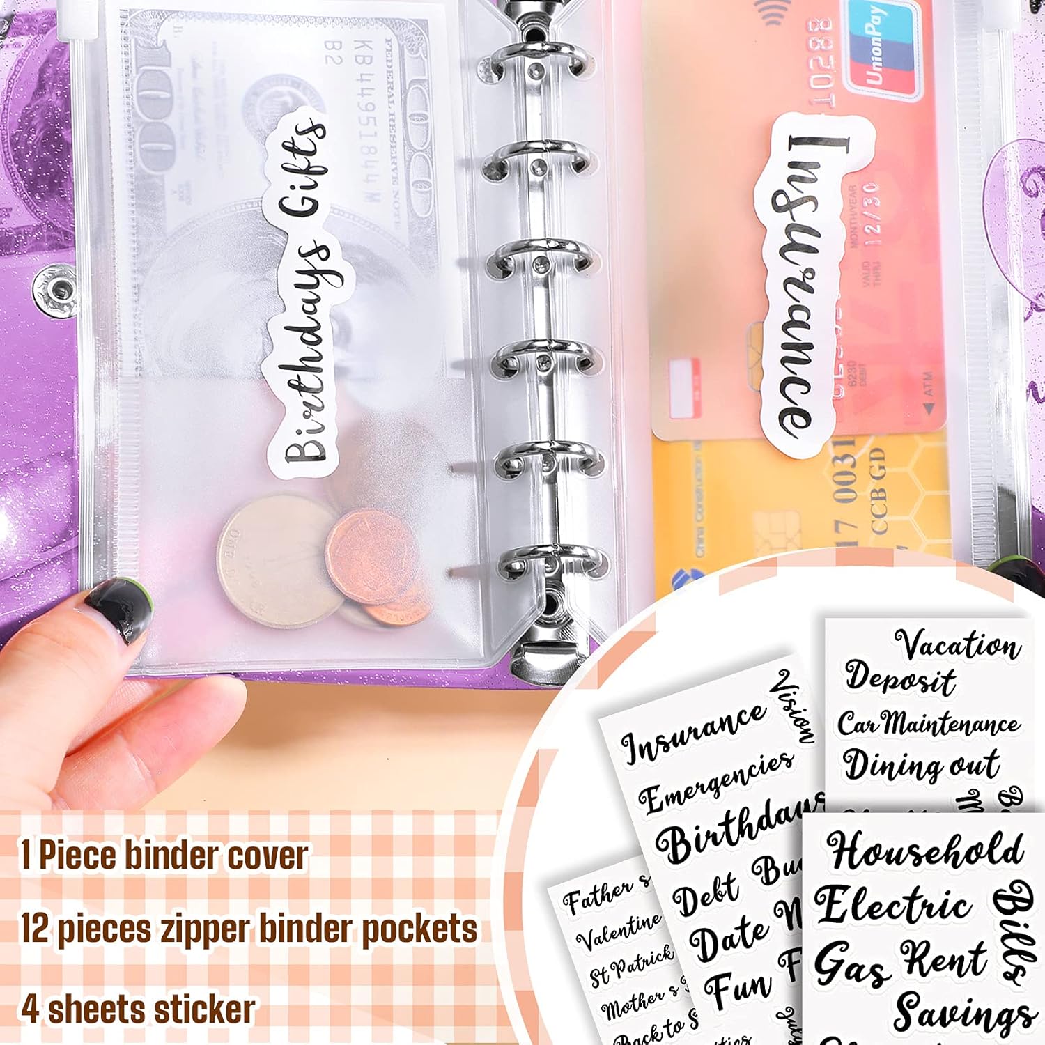 17 piezas de cubierta A7 de PVC suave de 6 anillas, 12 bolsillos para carpeta, tamaño A7, 6 agujeros, cremallera y 4 hojas de calcomanías para