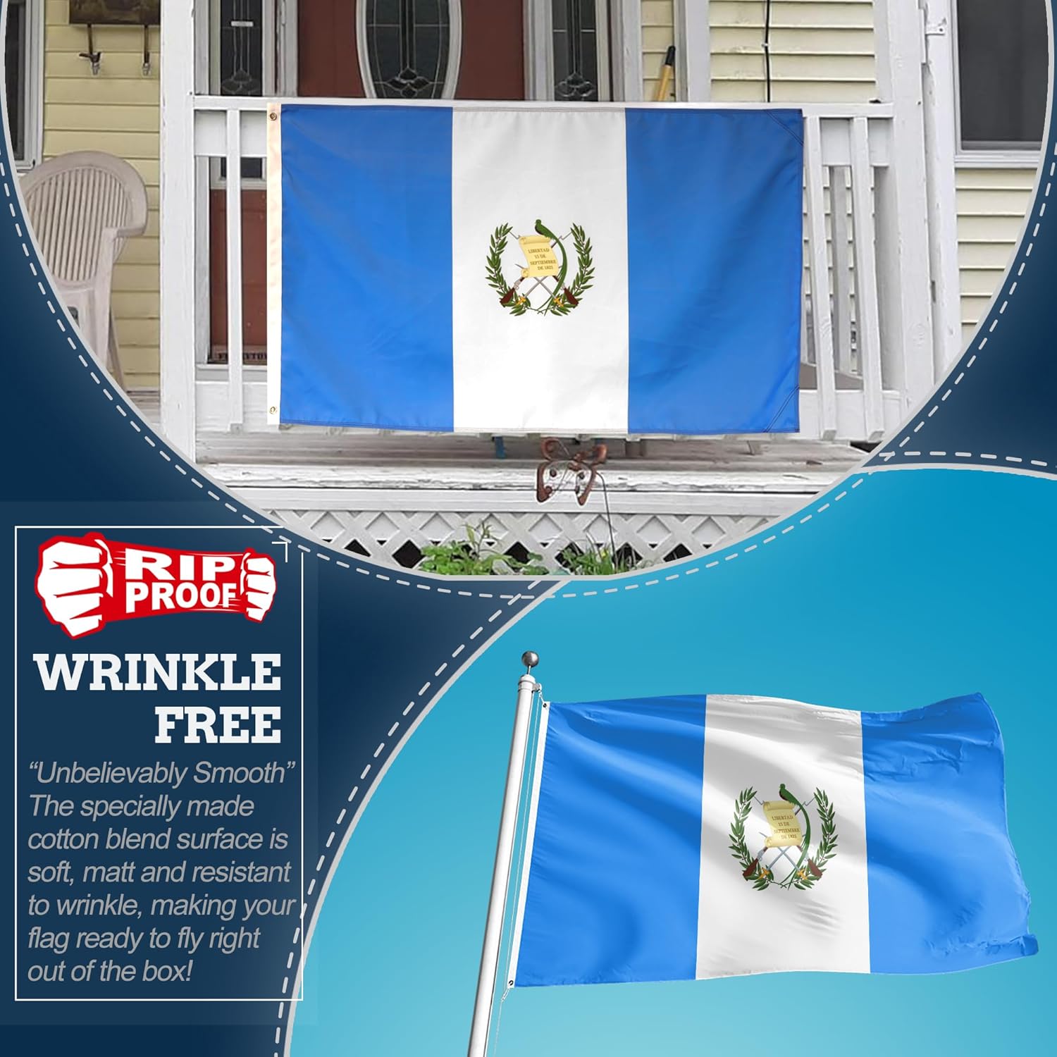 Anley Bandera de Guatemala de 3 capas de doble cara a prueba de rasgaduras de 3 x 5 pies, color vivo, cabecera de lona y resistente a las arrugas,