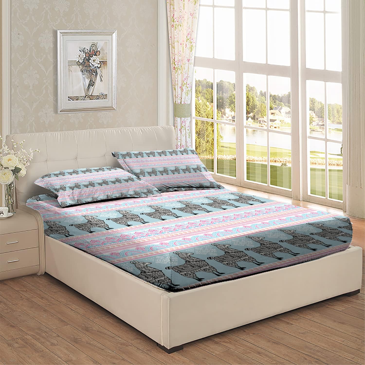 Juego de sábanas bajeras de almohada con diseño de llama, diseño de alpaca estampada, juego de ropa de cama de 3 piezas con estampado decorativo,