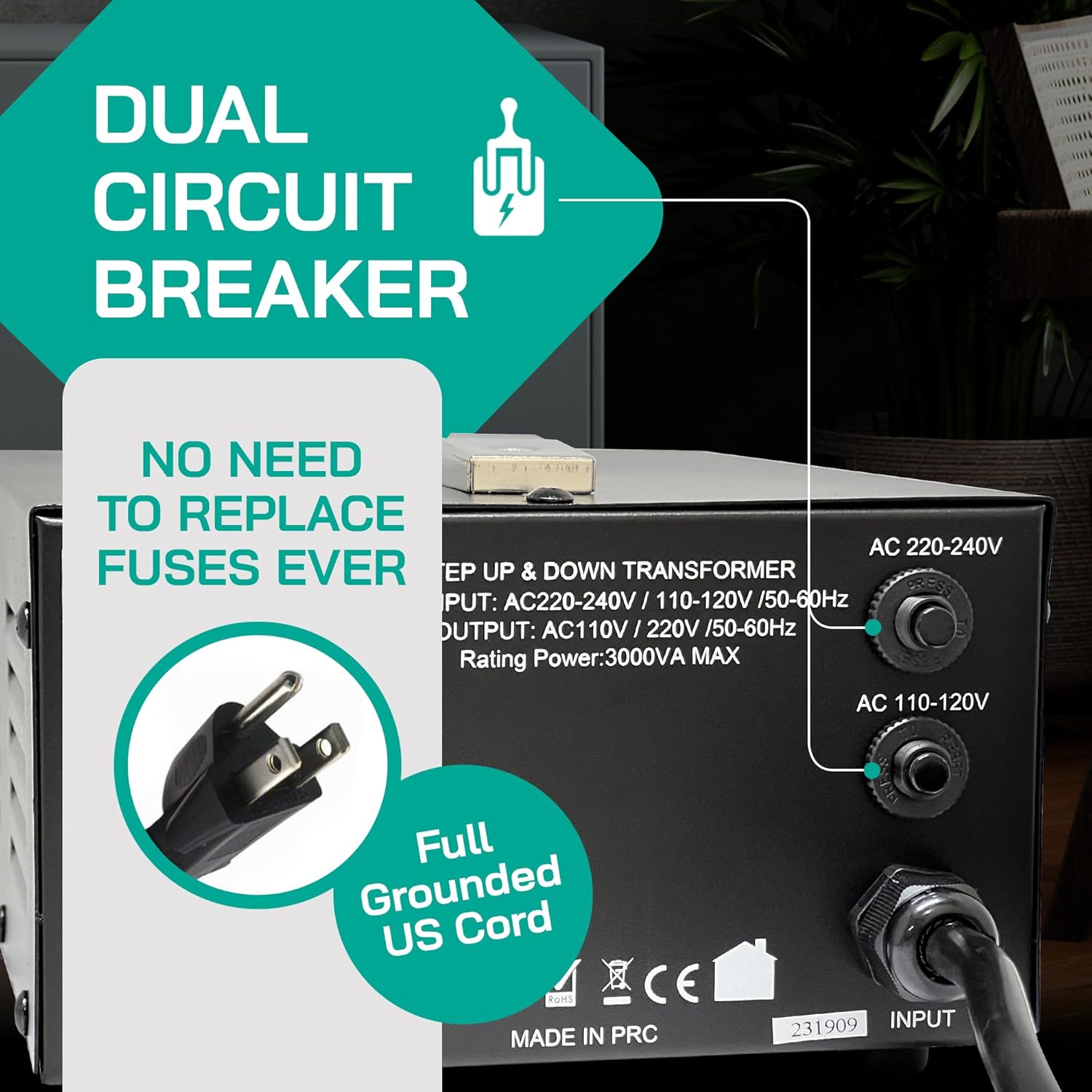 LiteFuze Transformador de voltaje de 3000 vatios elevador hacia arribaabajo – Convertidor de potencia de 110 V a 220 V220 V a 110 V – Cable