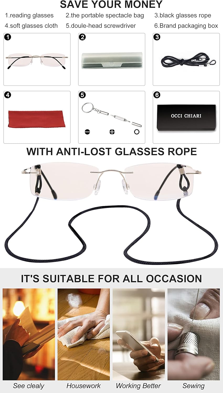 OCCI CHIARI Gafas de lectura 2.5 bloqueador de luz azul para mujeres lector de moda con bisagra de resorte de metal sin marco de titanio 1.0 1.25