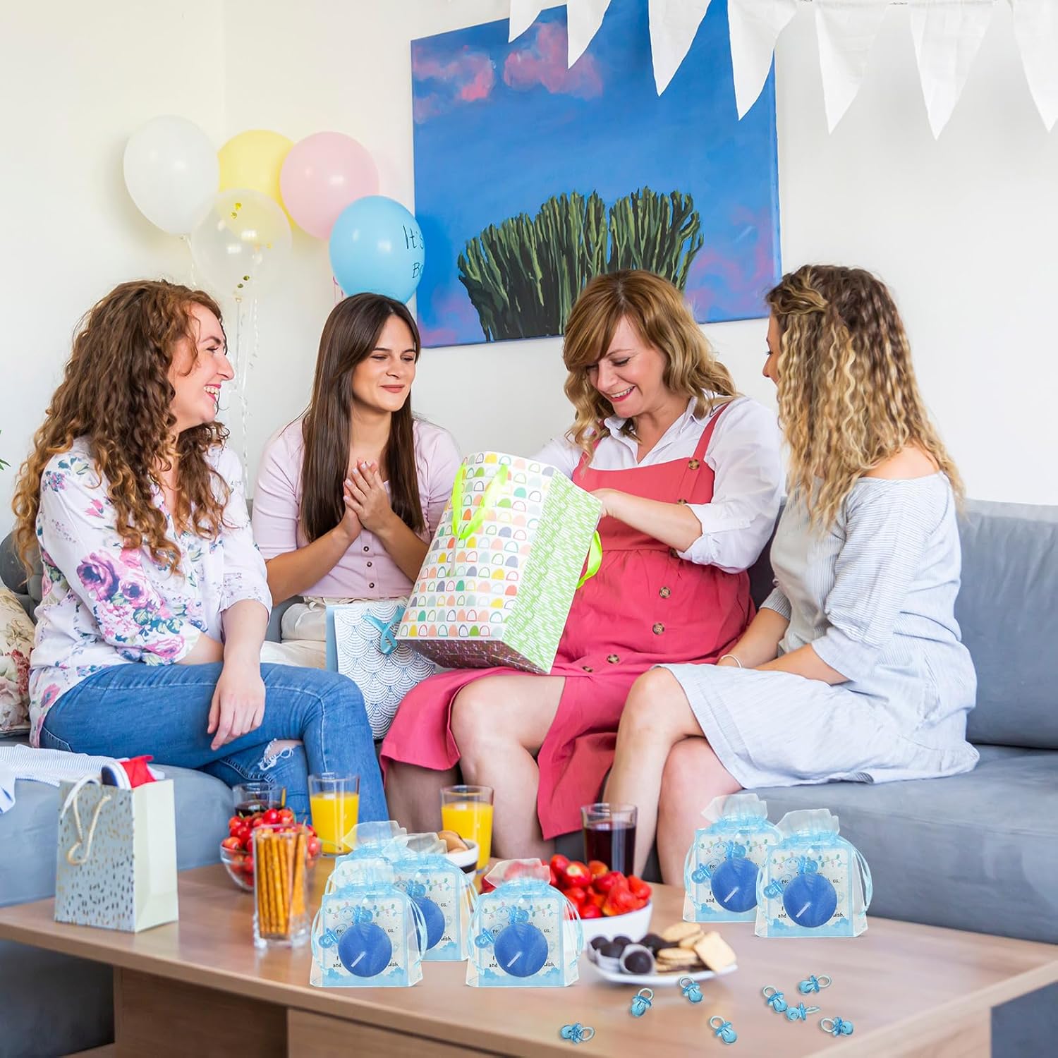 Ctosree 50 juegos de regalos de baby shower para invitados, 50 lindos chupetes de bebé, 50 velas de luz de té, 50 etiquetas de agradecimiento, 50