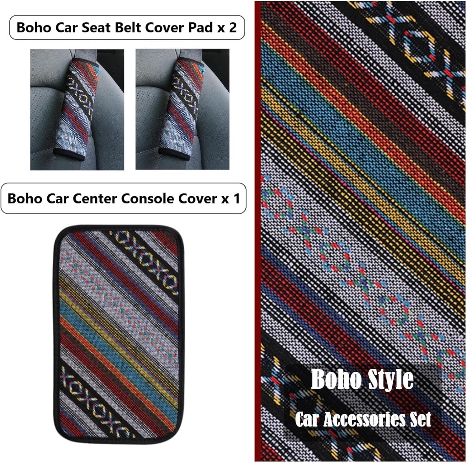3 accesorios bohemios para automóvil con 2 fundas protectoras de correa de hombro para cinturón de seguridad bohemio y una almohadilla para