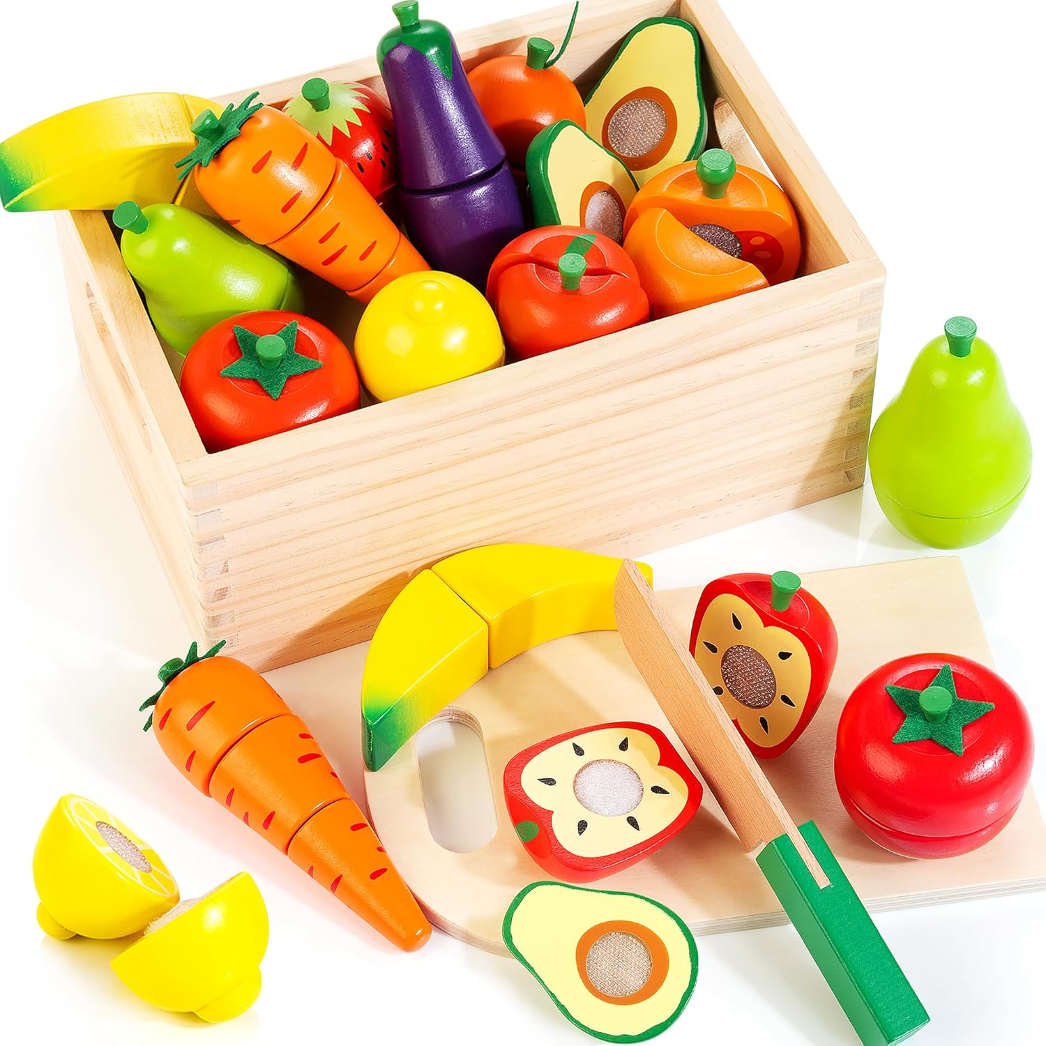 Comida de madera para niños pequeños, juego de corte de frutas y verduras con velcro para niños, accesorios de cocina para niños y niñas de 3, 4, 5,