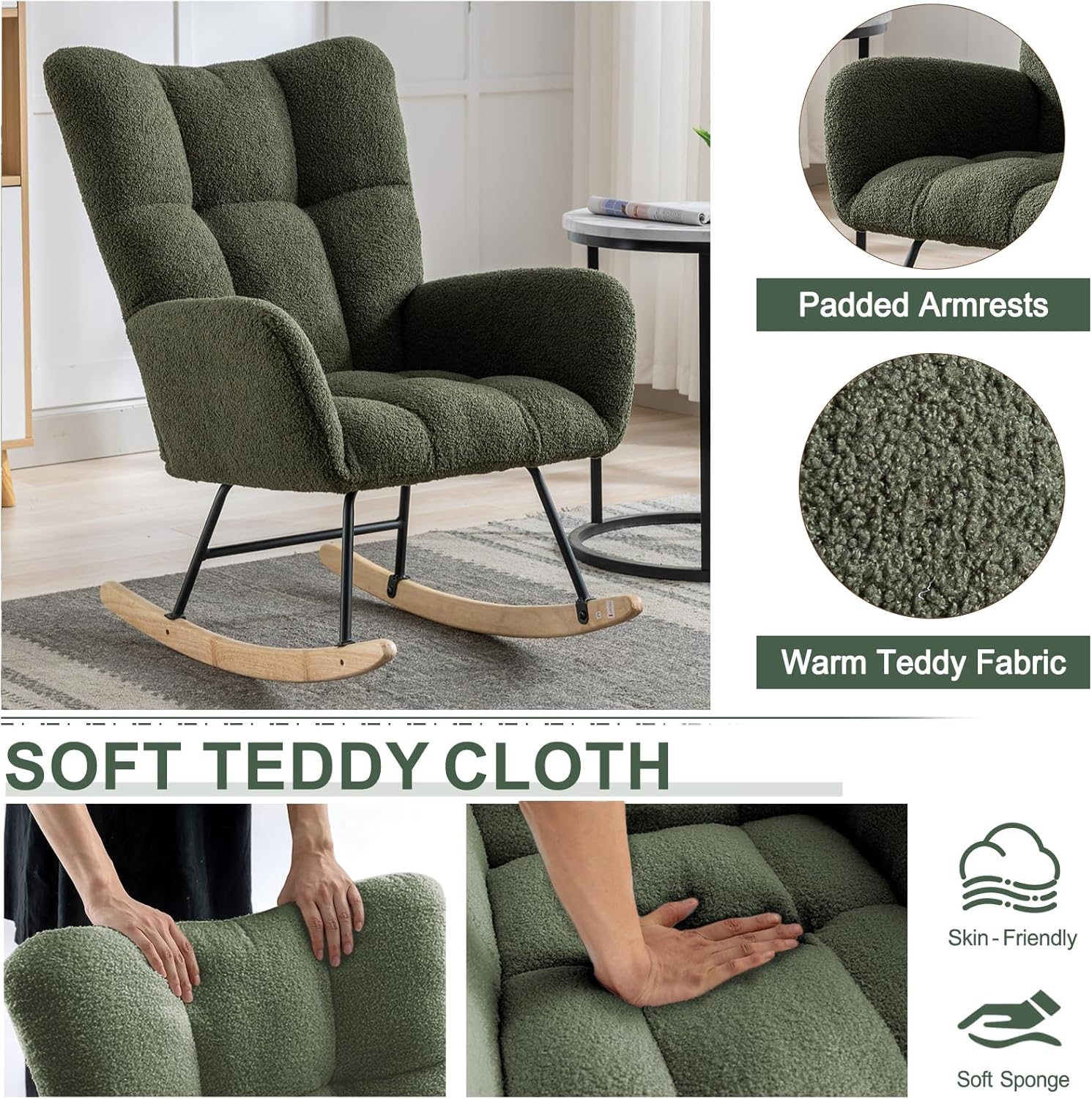 Mecedora para guardería, mecedora tapizada de tela de peluche, mecedora con bolsillo de almacenamiento, sillón con respaldo alto, cómoda silla