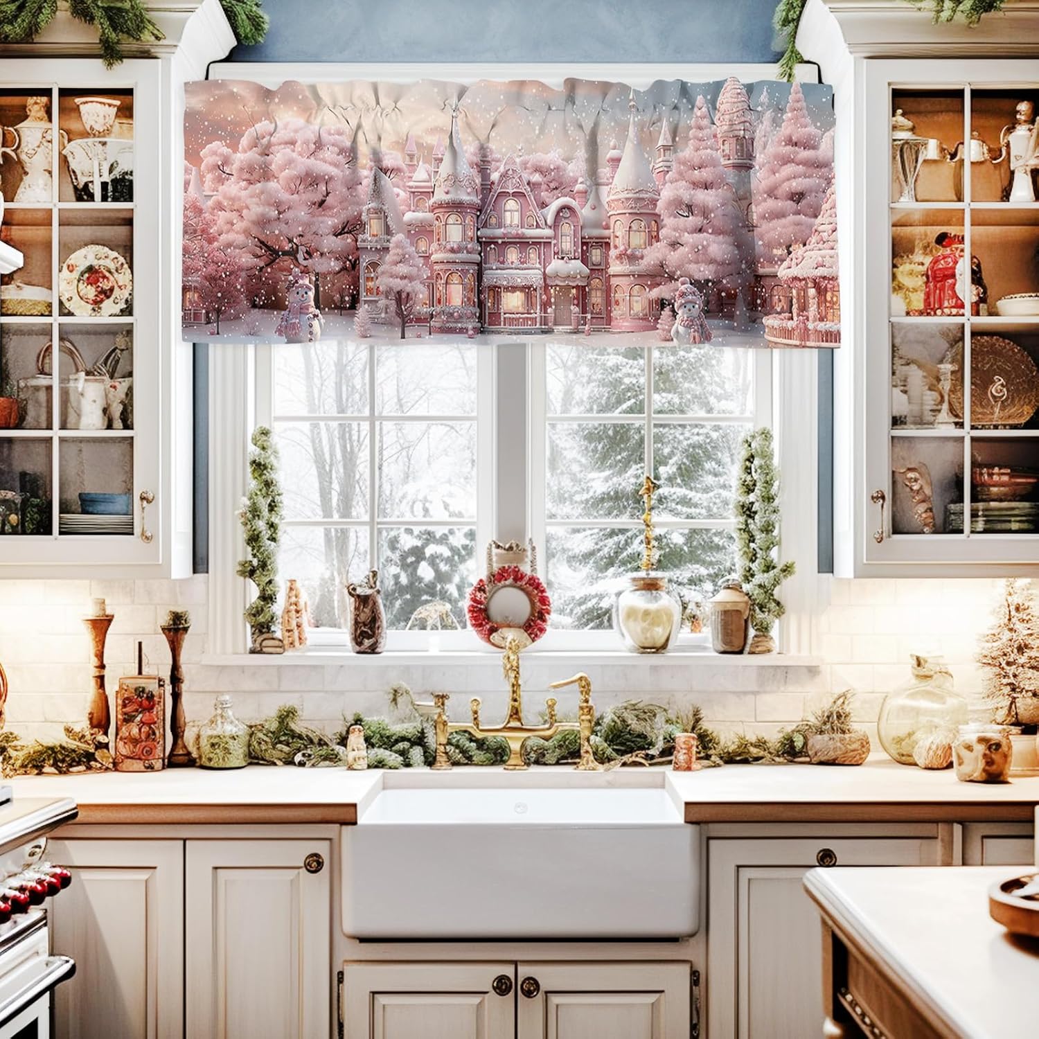 Cenefa de cortina de casa de Navidad para ventanas, sala de estar, cocina, baño, granja, color rosa rubor, romántico, copo de nieve, con bolsillo