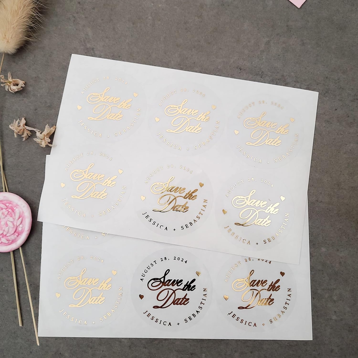 Calcomanías personalizadas para guardar la fecha, etiquetas de invitación de oro de boda, sellos de sobres personalizados, adhesivo transparente