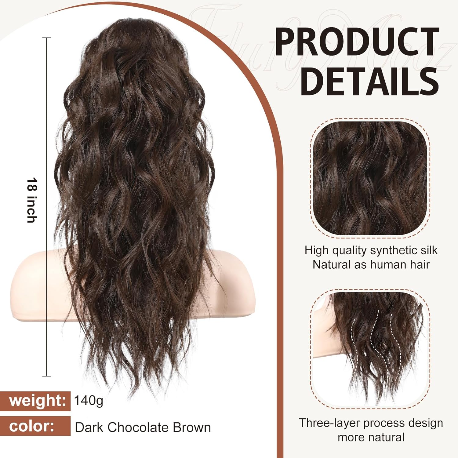 FLUFYMOOZ Extensión de cola de caballo, extensión de cola de caballo con clip de garra de 18 pulgadas, extensiones de cabello ondulado y rizado con