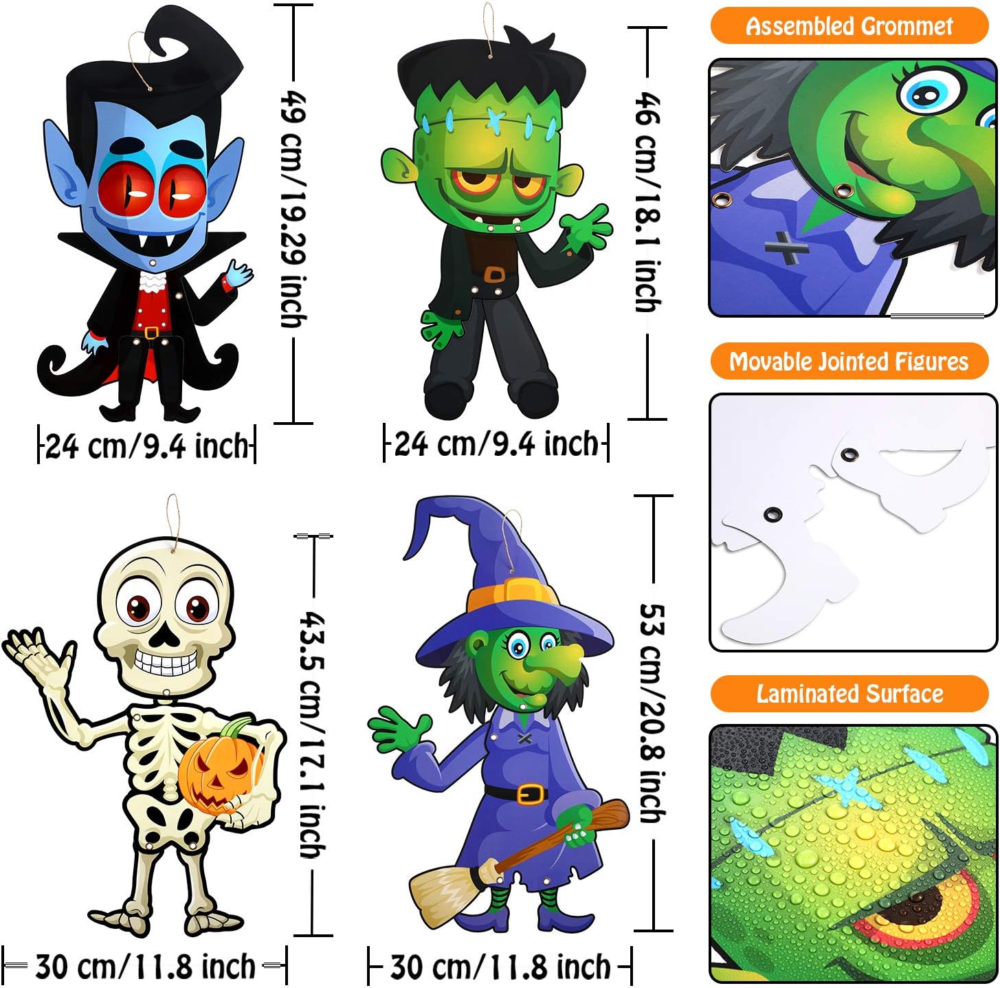 Sumind 4 juegos de decoración divertida de Halloween para fiesta de Halloween, figuras articuladas, colgador de puerta de Halloween, carteles