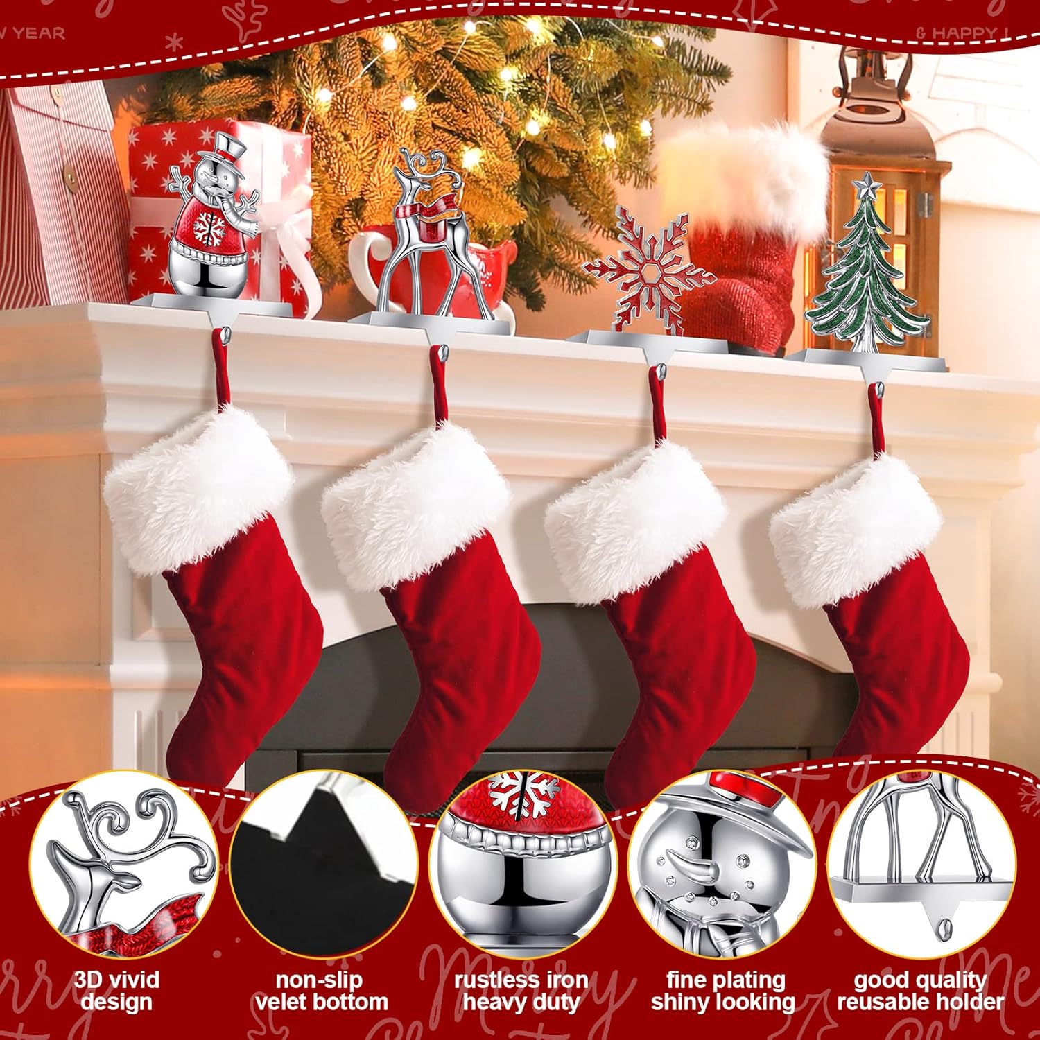 Juego de 4 soportes de calcetines de Navidad para manto, reno, copo de nieve, muñeco de nieve, pino, gancho de metal decorativo, soporte decorativo,