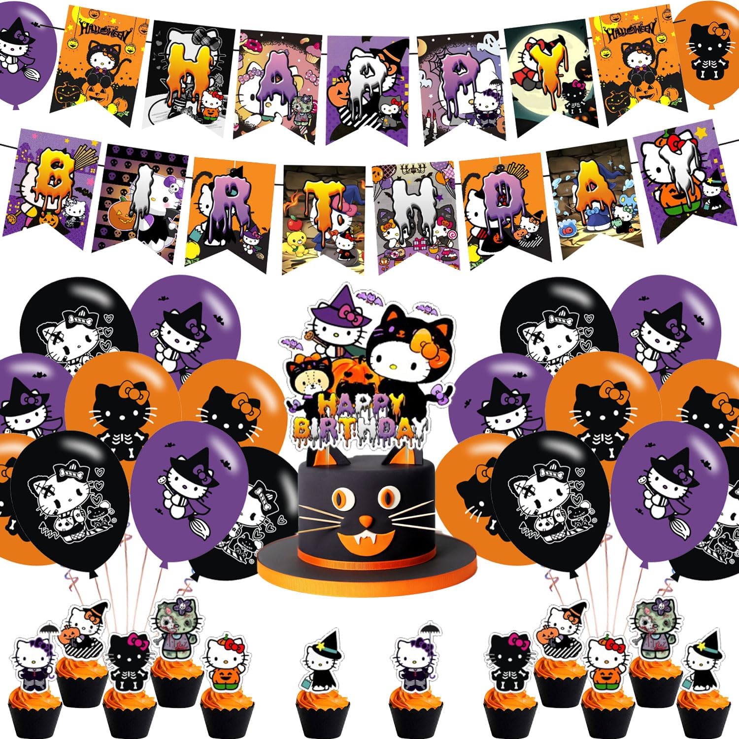 Decoración de fiesta de Halloween, suministros de cumpleaños para Skelebones de Halloween, incluye pancarta, decoración de tarta, 12 adornos para