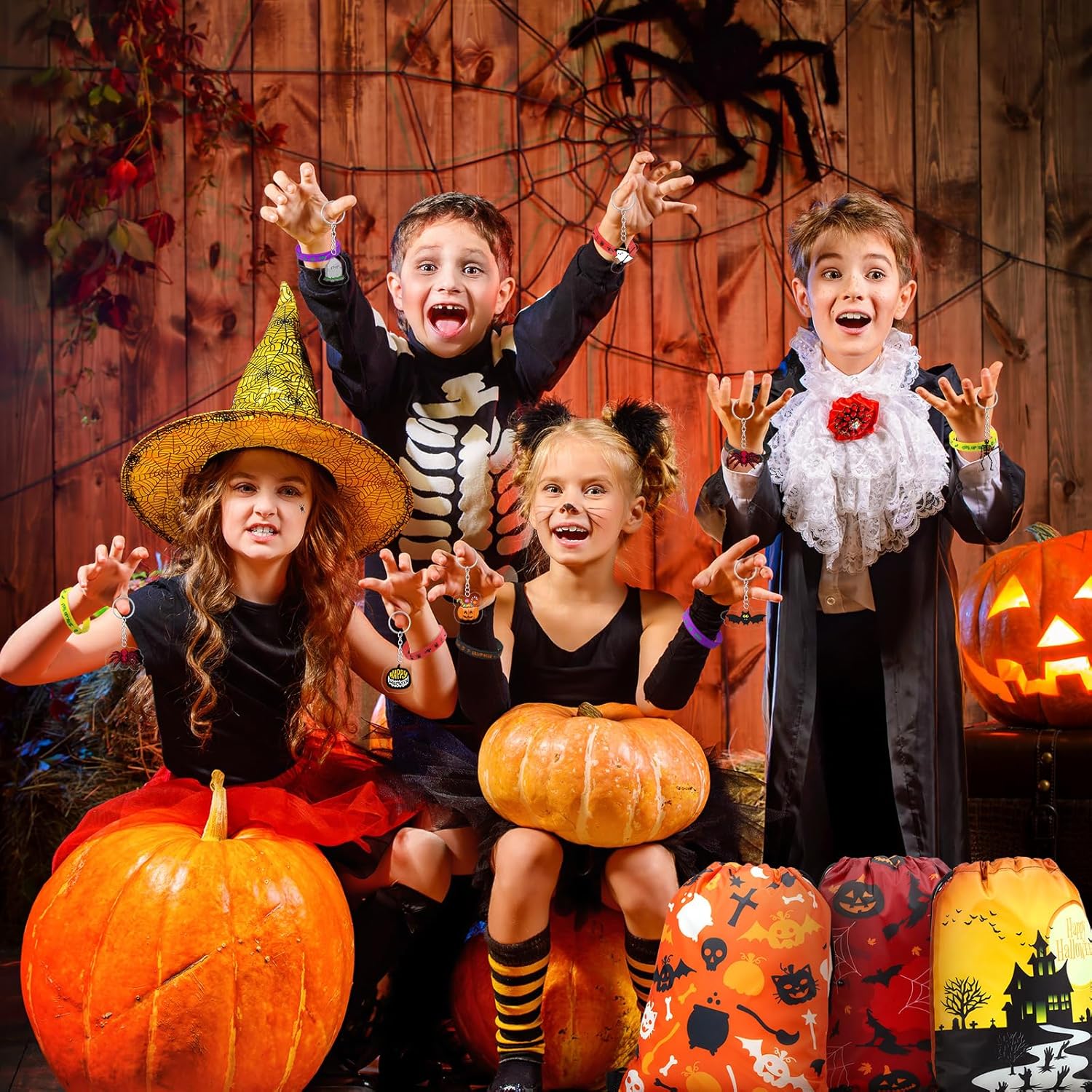 48 piezas de recuerdos de fiesta de Halloween, 16 bolsas con cordón para fiesta de Halloween, bolsas de dulces para dulce o truco, 16 pulseras de