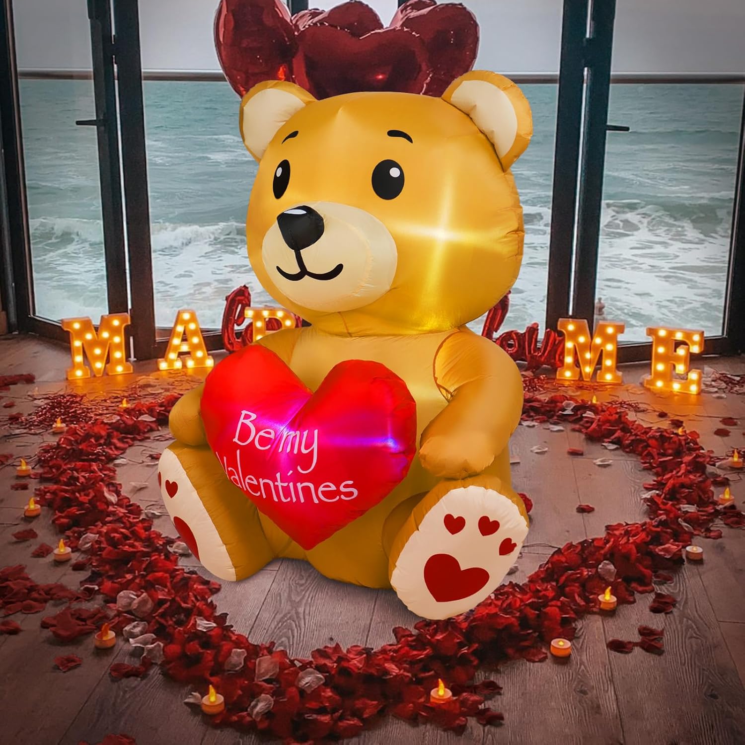 Oso inflable para el día de San Valentín de 4 pies con corazón de amor, decoración del día de San Valentín, luces LED RGB integradas, regalo del día