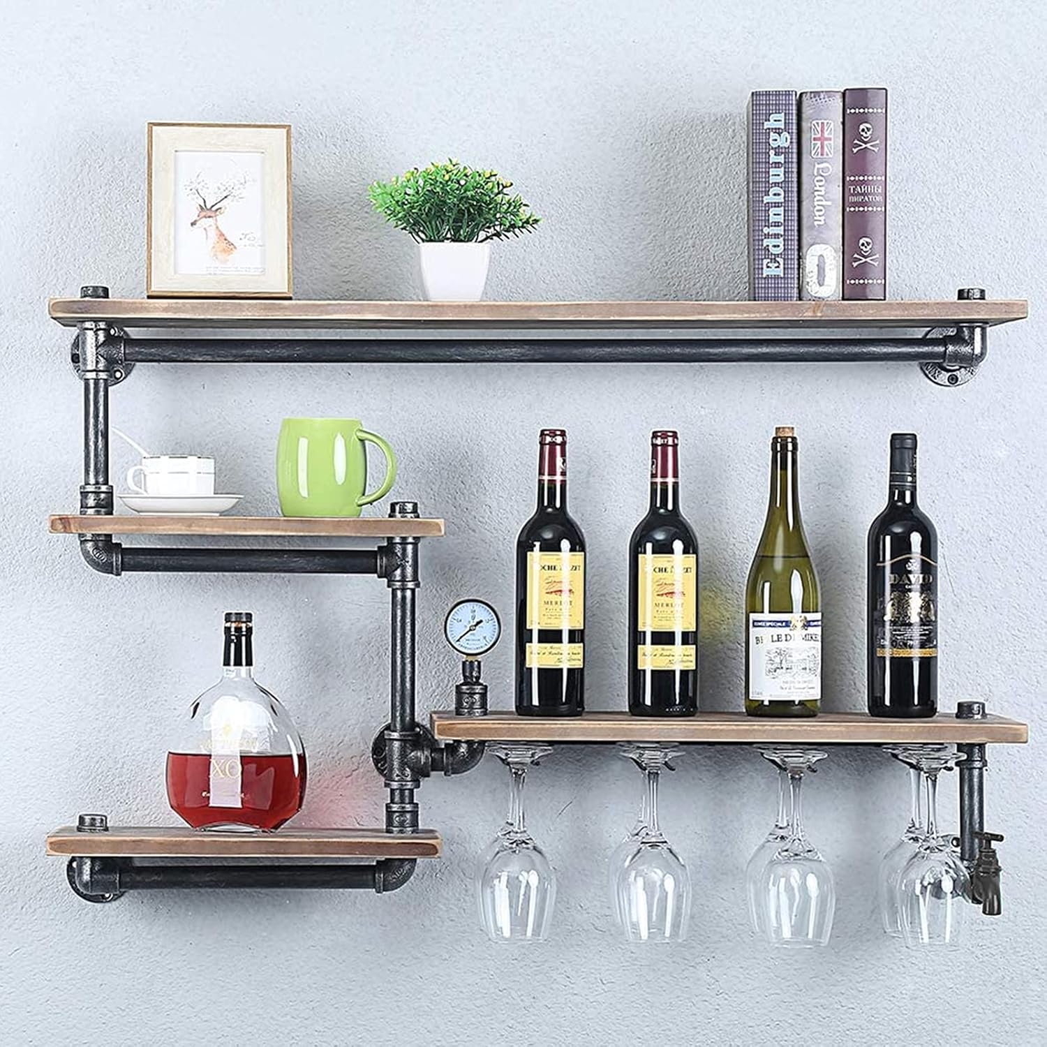 DYRABREST Estante para copas de vino, estante de tubo industrial montado en la pared, soporte para botella de vino, 39.37 pulgadas, estante flotante