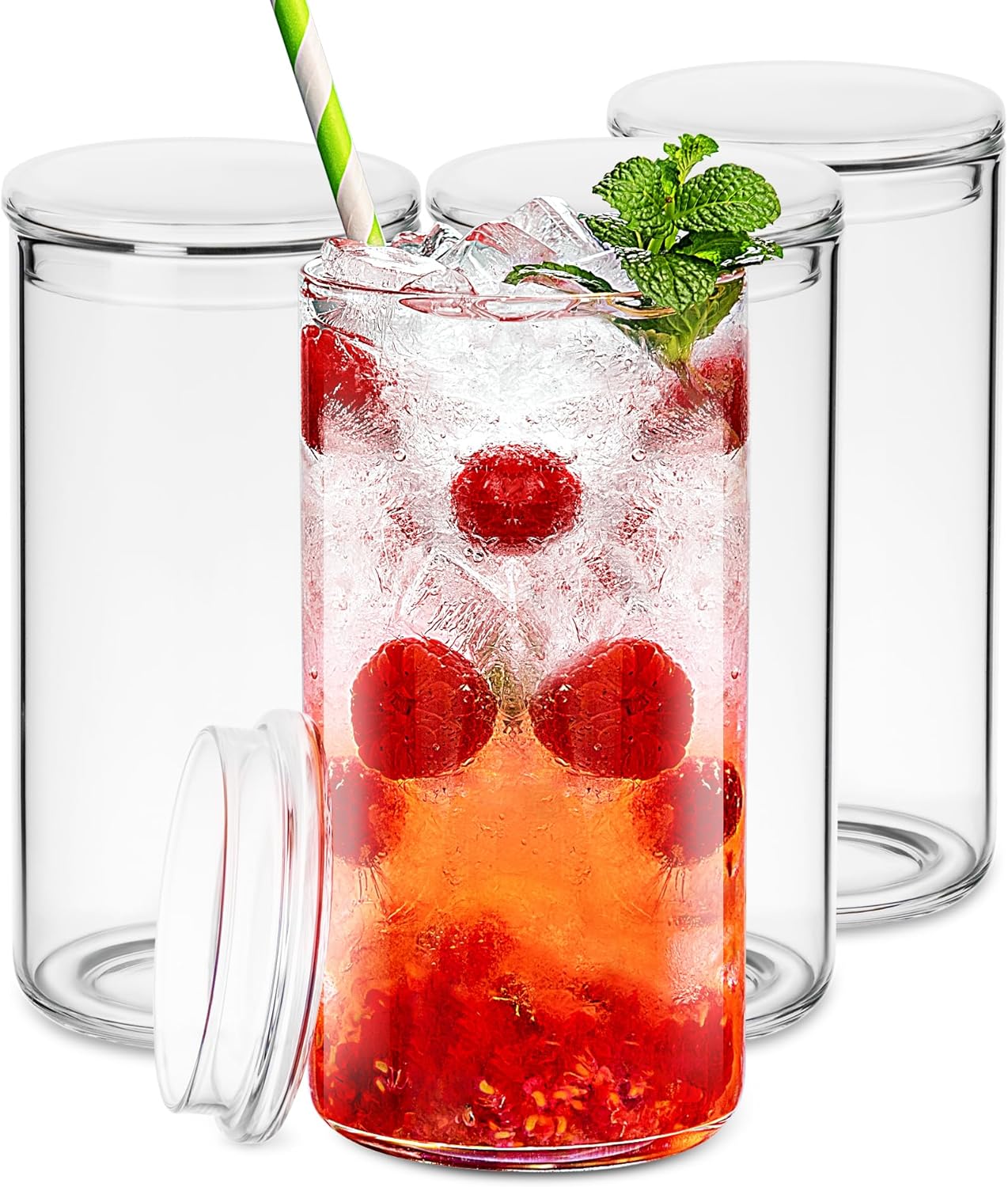 BaveL Juego de 4 vasos altos finos de cóctel con tapa, vasos altos para agua, jugo, leche, cócteles, cerveza y más, cristalería de bar elegante,