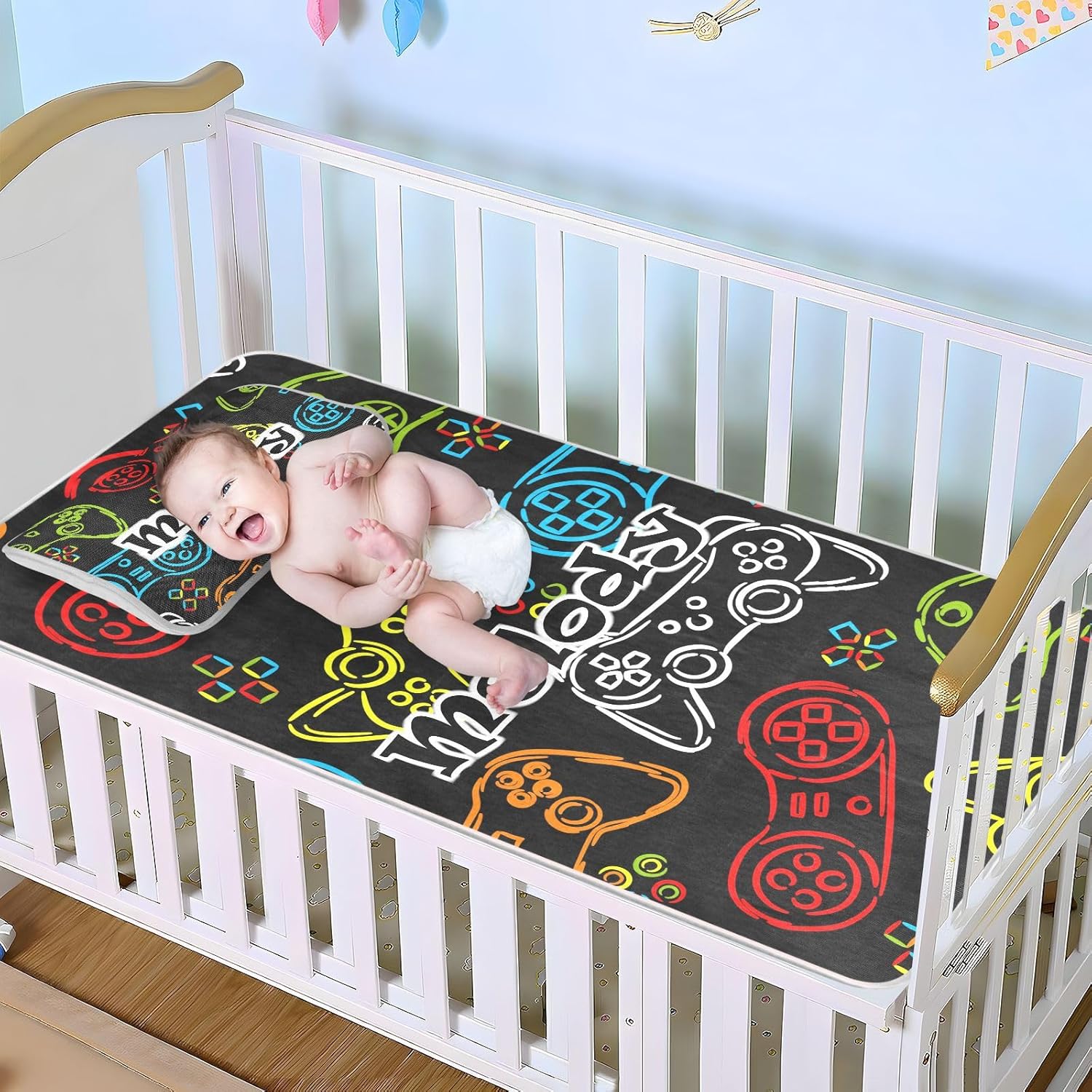 Custom Games Player Joysticks Crib Mattress Protector Pad for Boys Girls Baby Ice Silk Mat Bed Toddler Fitted Sheet Cooling Mattress Topper Play Mat