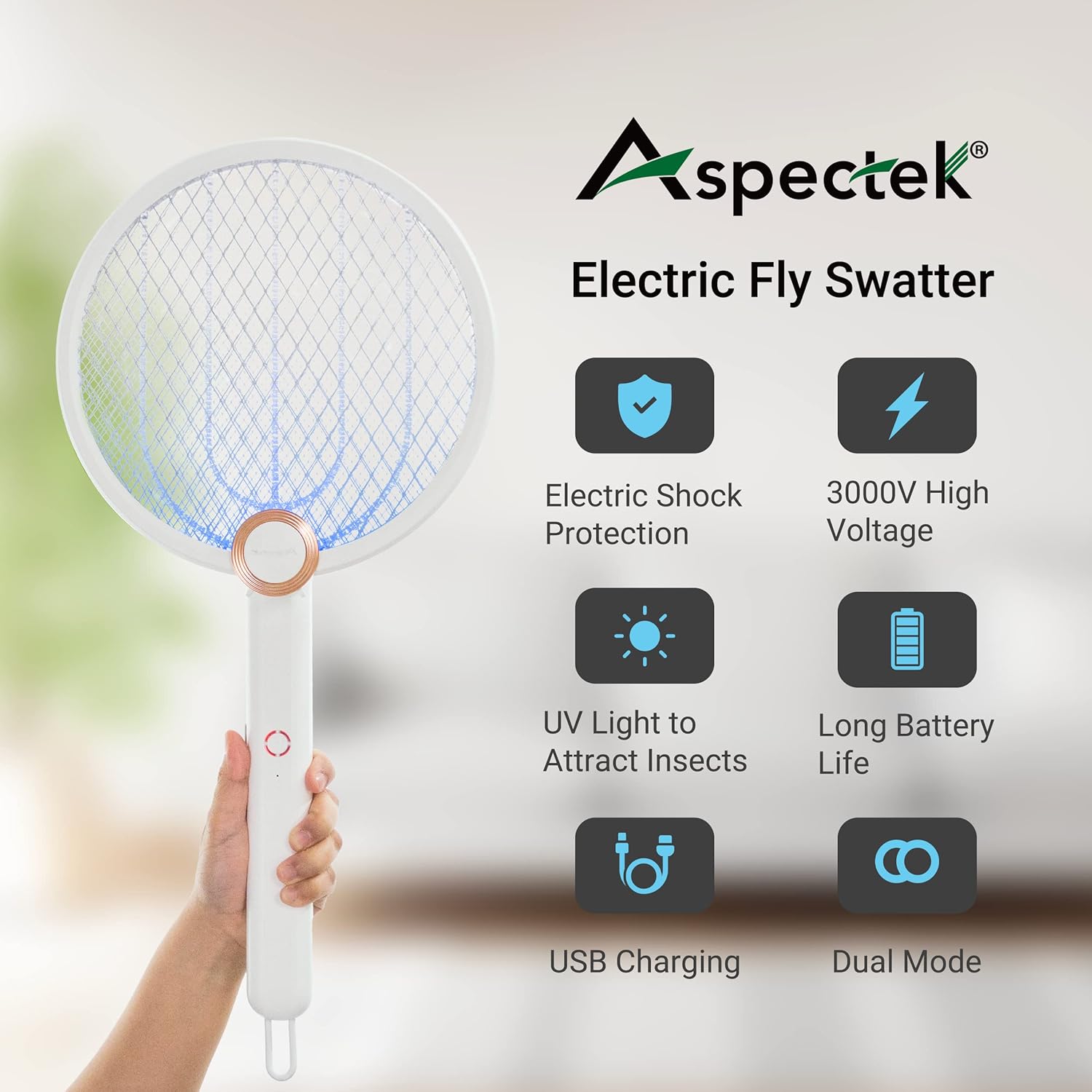 Aspectek Matamoscas eléctrico mejorado de 3000 V para interiores y exteriores, portátil, plegable, recargable con duración de batería mejorada,