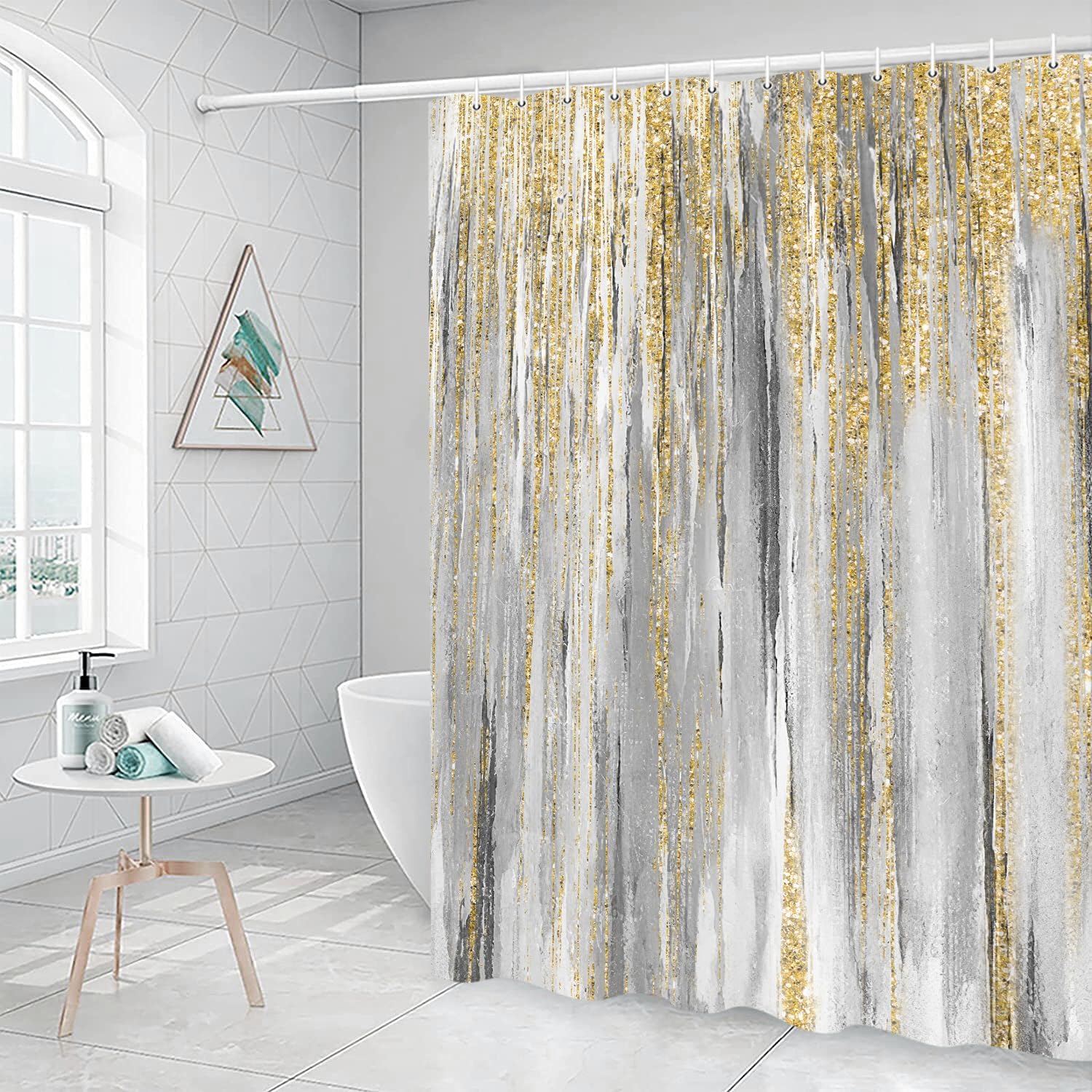 JAWO Cortina de ducha abstracta, juego de cortina de ducha moderna a rayas, 72 x 72 pulgadas con 12 ganchos para bañera, baño, tela de pintura