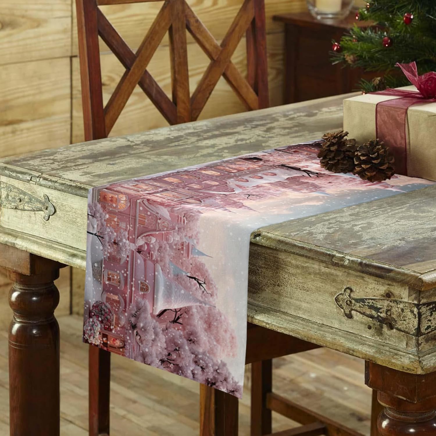 Camino de mesa navideño de algodón y lino de 48 pulgadas, castillo de Navidad rosa, copo de nieve, decoración de invierno de temporada, caminos de