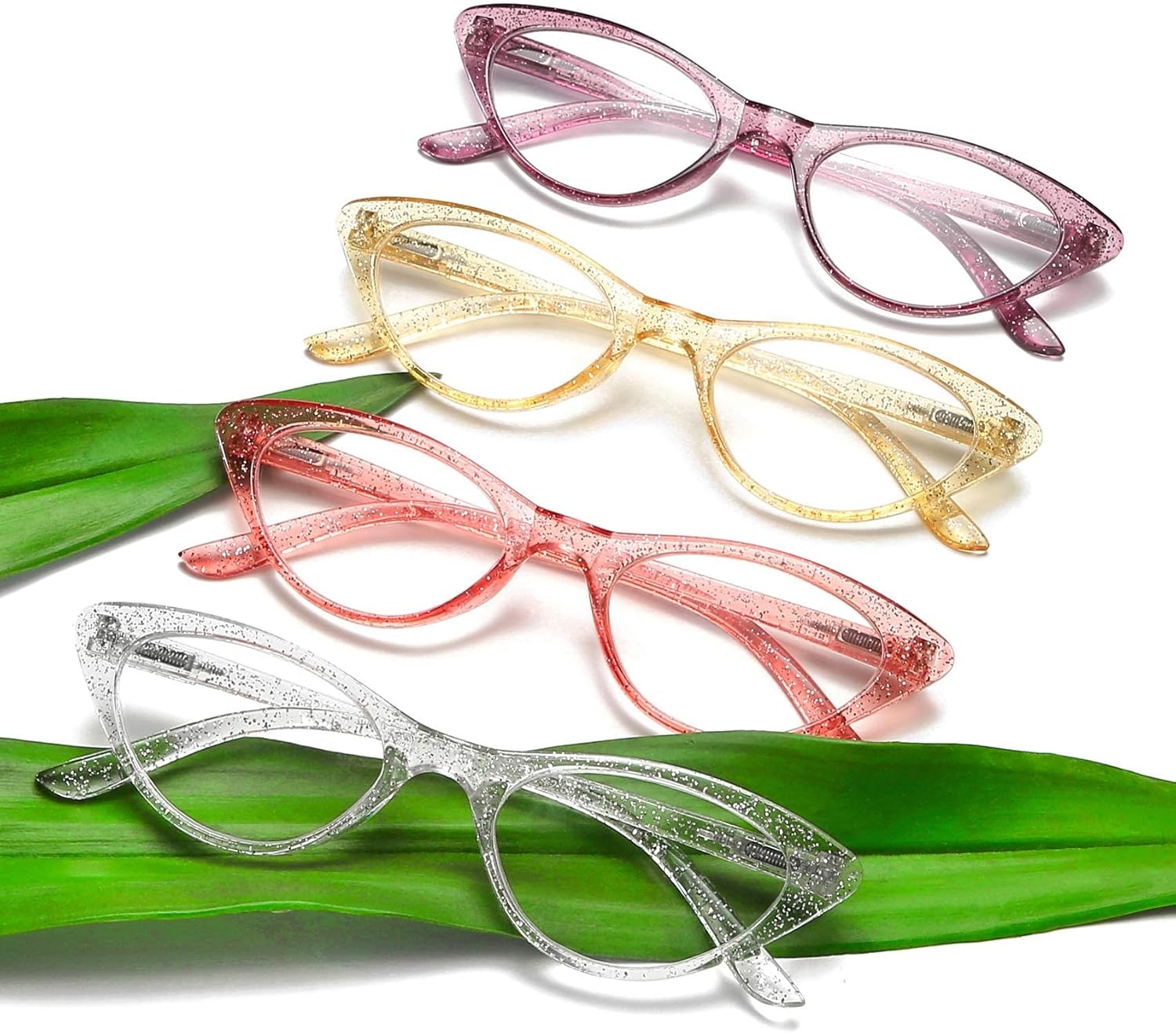 100 CLASSIC 4-Pack Reading Glasses Ladies Cateye Spring Hinges Reader Crystal Sand Temple Fashion Eyeglasses for Women