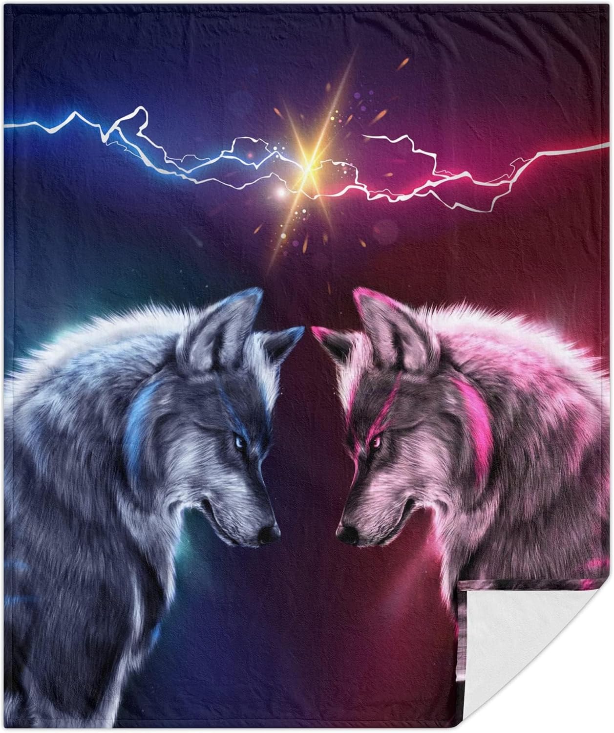 Manta de forro polar de 80 x 60 pulgadas, suave, acogedora y cálida, manta de franela de felpa azul contra rojo, diseño de lobo rayo, para sofá,