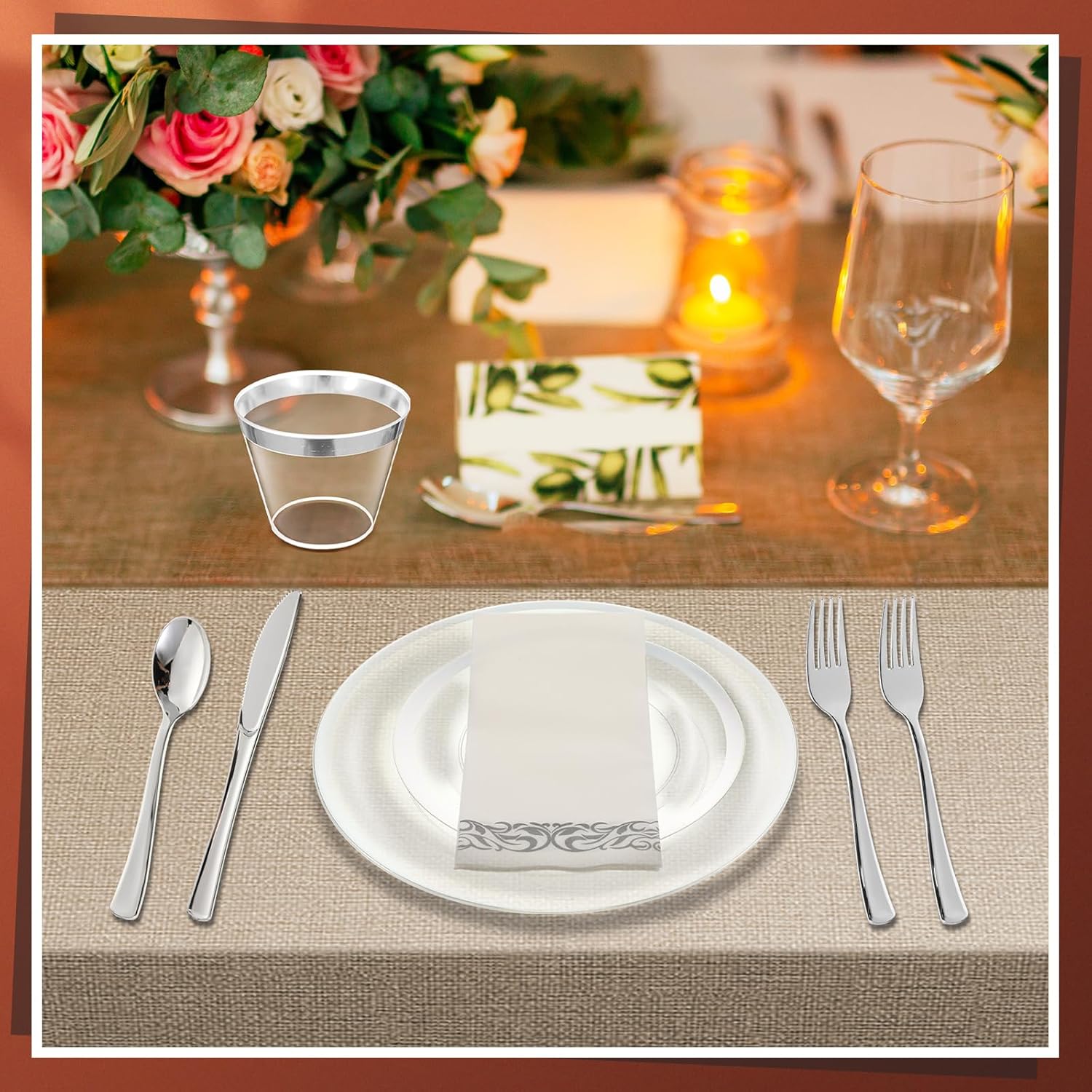 Juego de 225 platos de plástico transparente con borde para fiesta, vajilla desechable para 25 invitados, platos de plástico para fiestas,