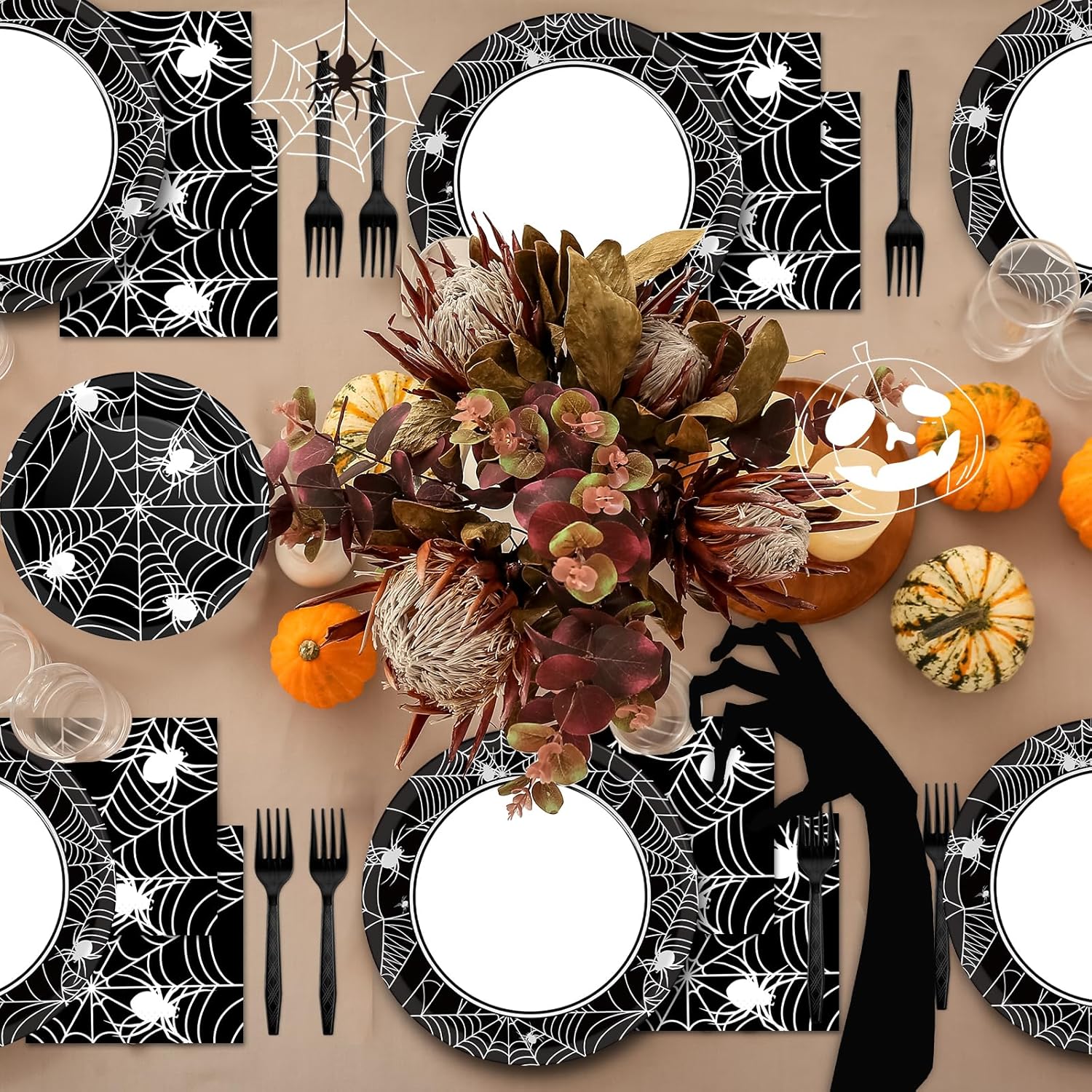 50 platos y servilletas de fiesta de telaraña de Halloween, suministros para fiesta, juego de vajilla de fiesta de telaraña, blanco y negro,