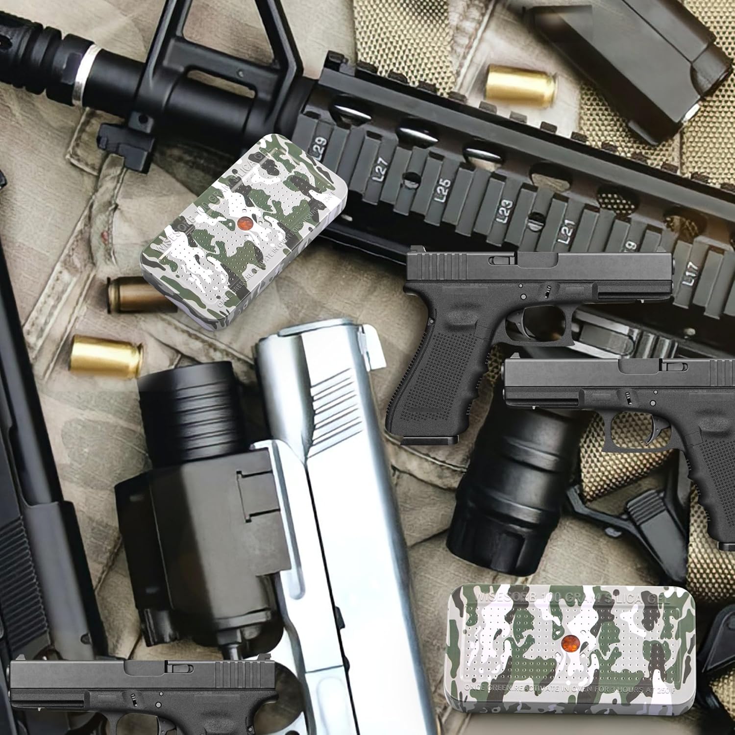 Wisesorb Deshumidificador seguro para pistola de 3.53 onzas, paquete de 20 paquetes de gel de sílice reutilizables con patrón de camuflaje,