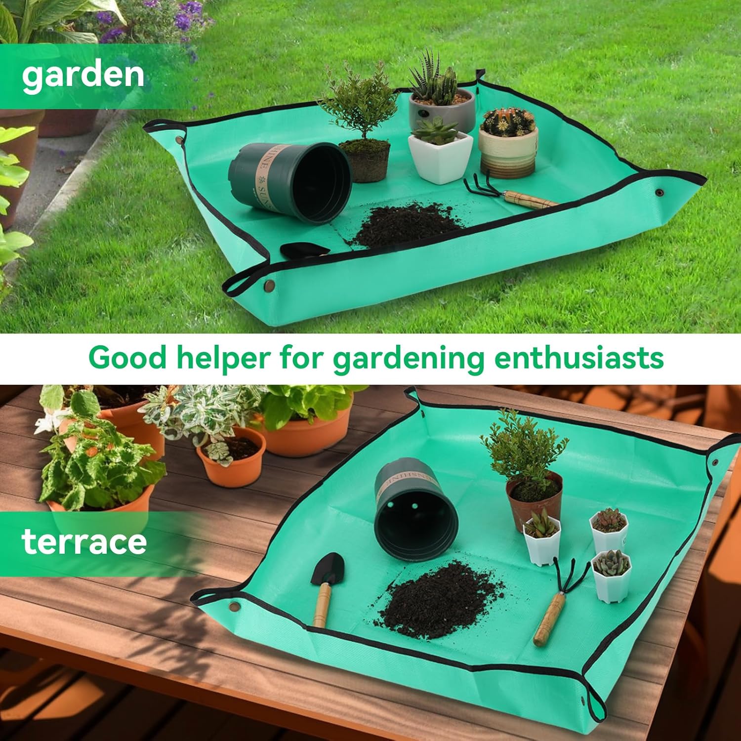 Tapete de trasplante de plantas de interior y contenedor de tierra, 26 x 26 pulgadas, grueso, impermeable, cuadrada, bandeja para macetas, plantas