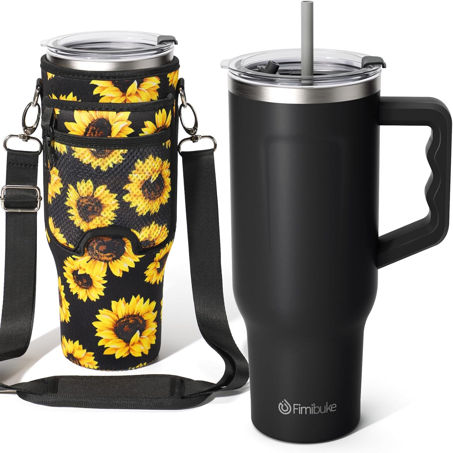 Fimibuke Vaso de 40 onzas con asa y bolsa de transporte, taza aislada de acero inoxidable con tapa, popote y bolsa para bolso, bolsillo para