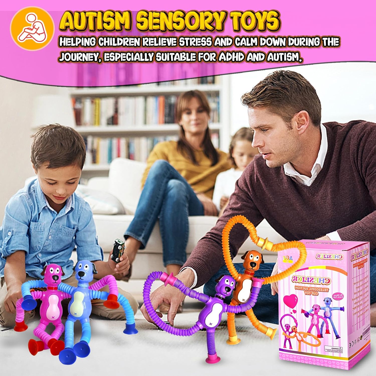CHESLICR Juguetes sensoriales para autismo para niños pequeños, 2 piezas, con ventosa, juguetes para perro, tubos para apretar, juguetes para