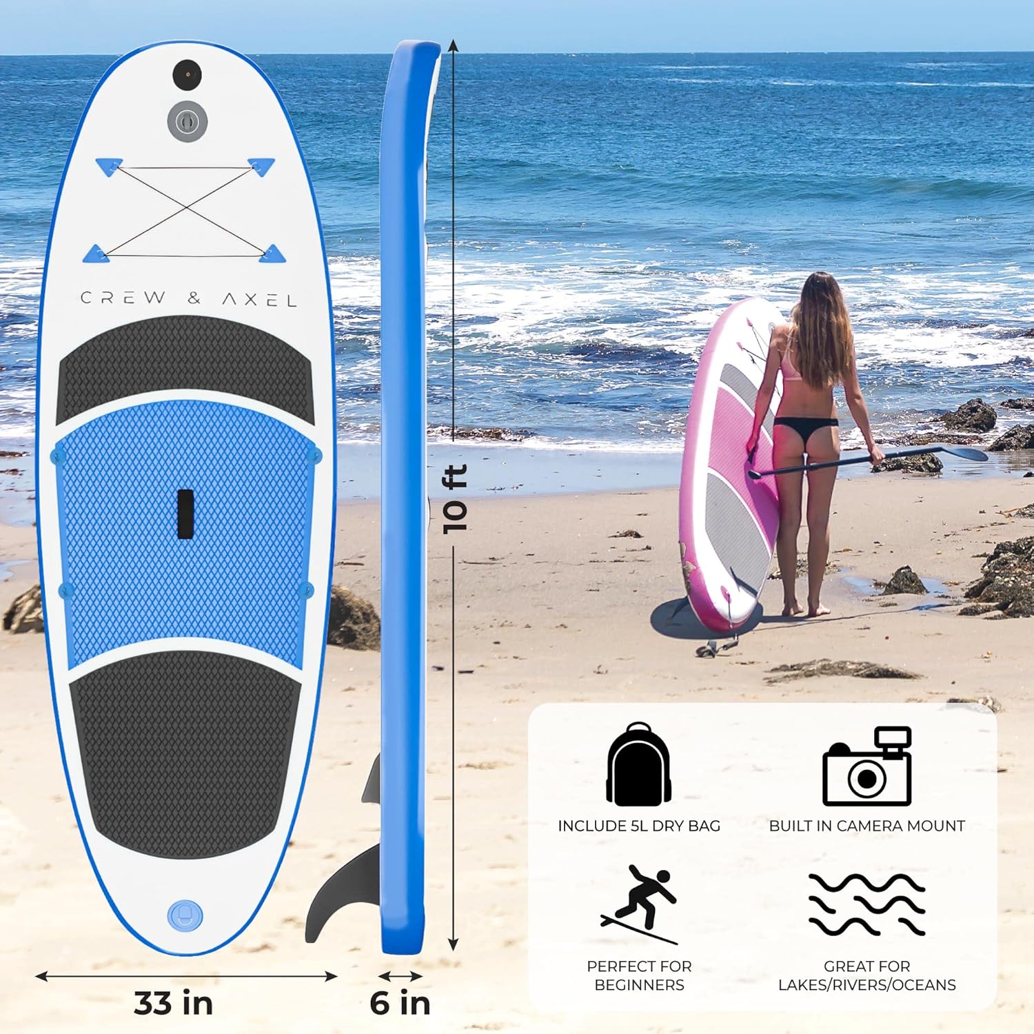 Tabla de remo inflable Crew Axel 2024 de 10 pies 33 pies 6 pulgadas, extra ancha y ligera (18 libras), juego de SUP premium incluye 2 bolsas, paleta