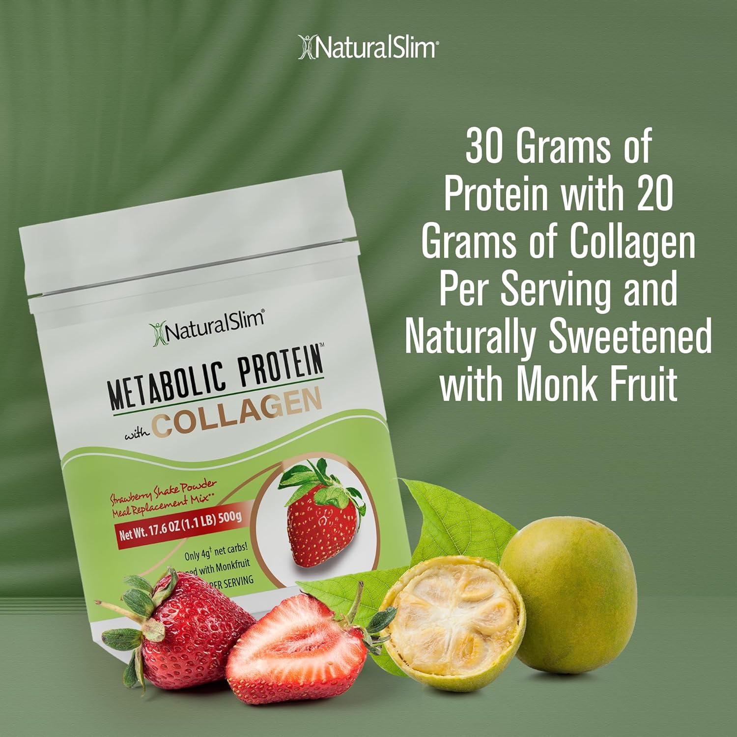 NaturalSlim Polvo de proteína metabólica con colágeno y fresa, polvo de proteína de colágeno hidrolizado para cabello, piel, hueso, articulaciones y