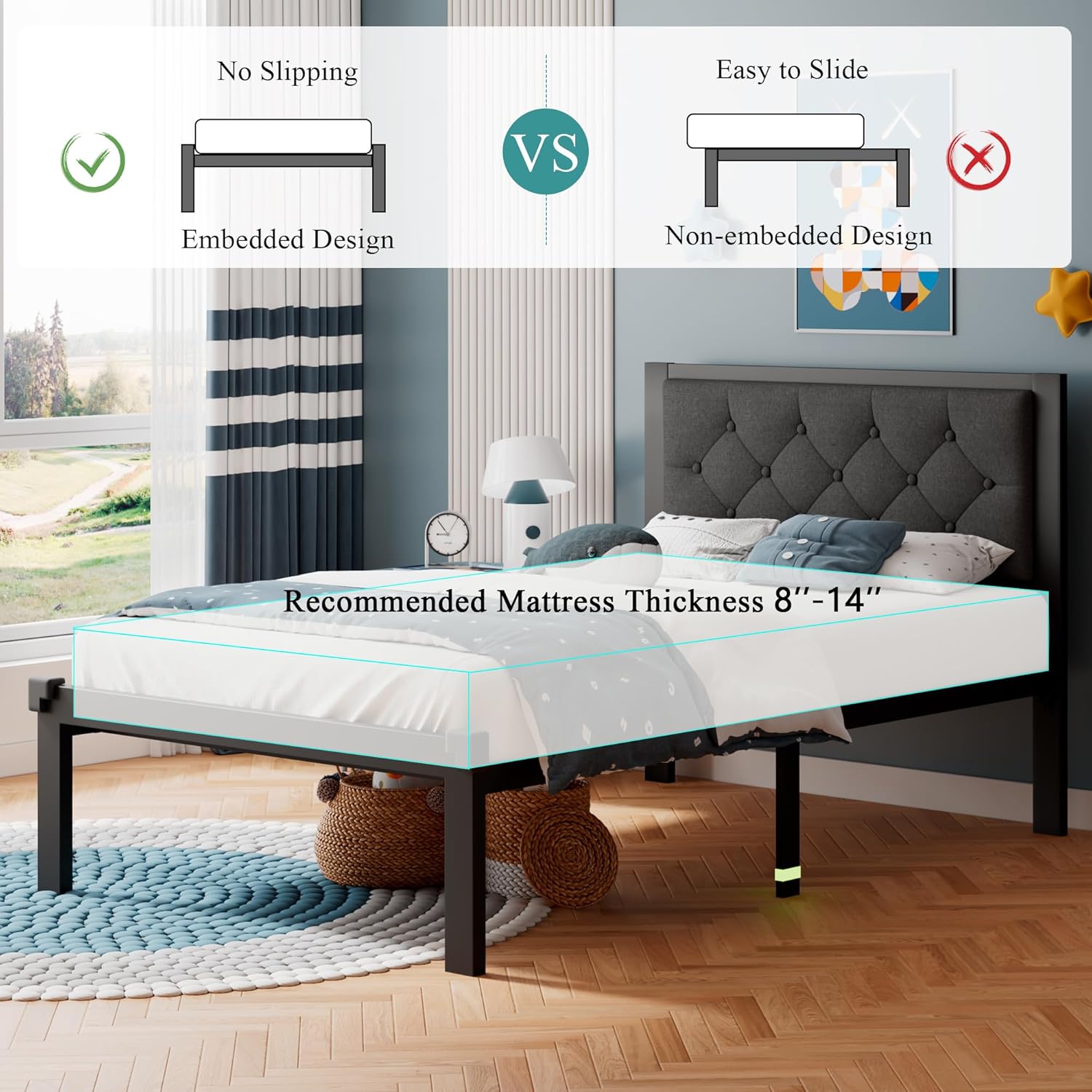 iPormis Marco de cama de metal tamaño individual, marco de cama de plataforma de lino con cabecera capitoné con botones, espacio debajo de la cama