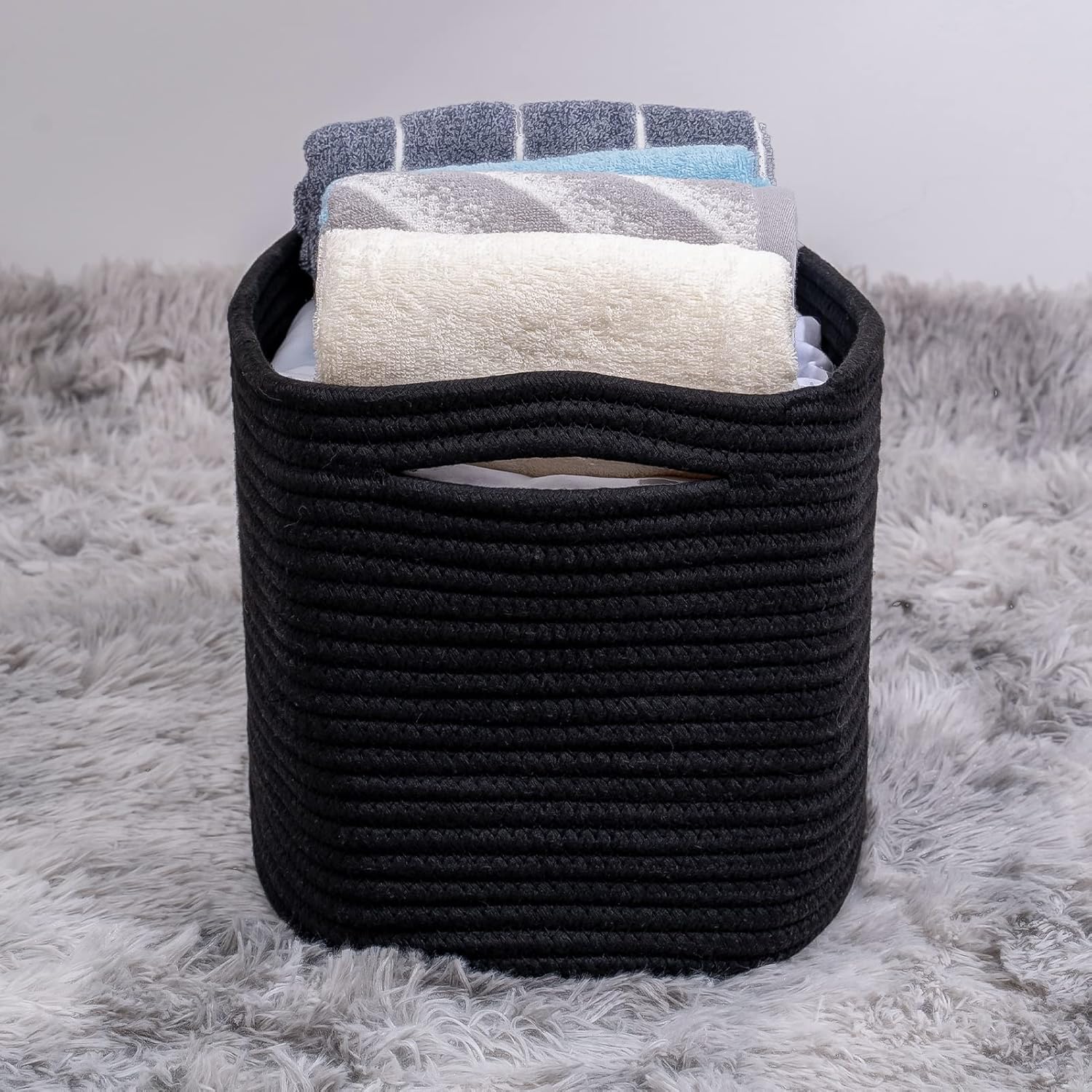 Kriitools Black Woven Rope Storage Cube Baskets for Organizing, Closet Storage Baskets Bins for Shelves, Baby Nursery Towel Toy Cube Bins,