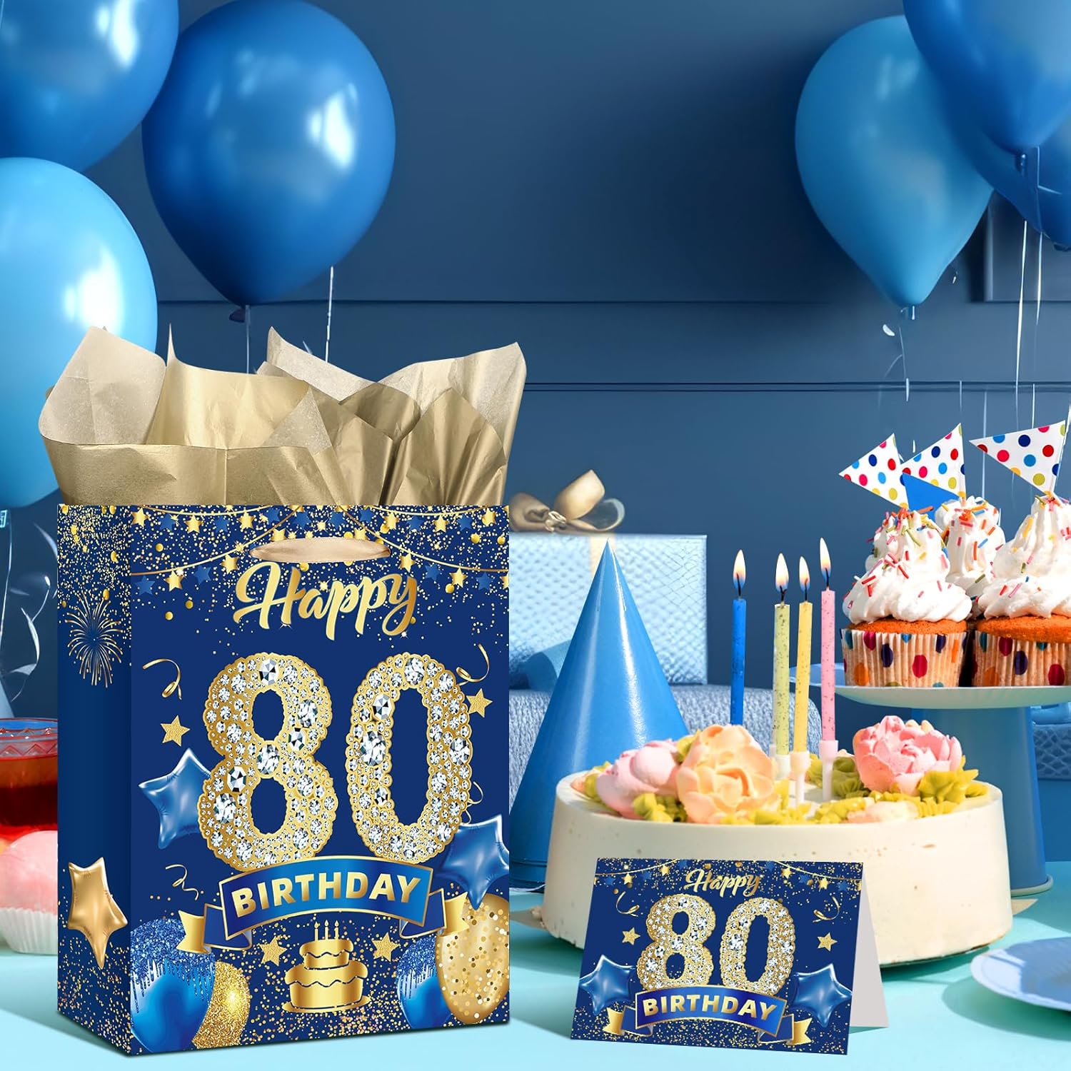 Bolsa de regalo azul para cumpleaños de 80 años, grande, azul marino y dorado, bolsa de regalo de feliz cumpleaños con tarjeta y 3 piezas de papel