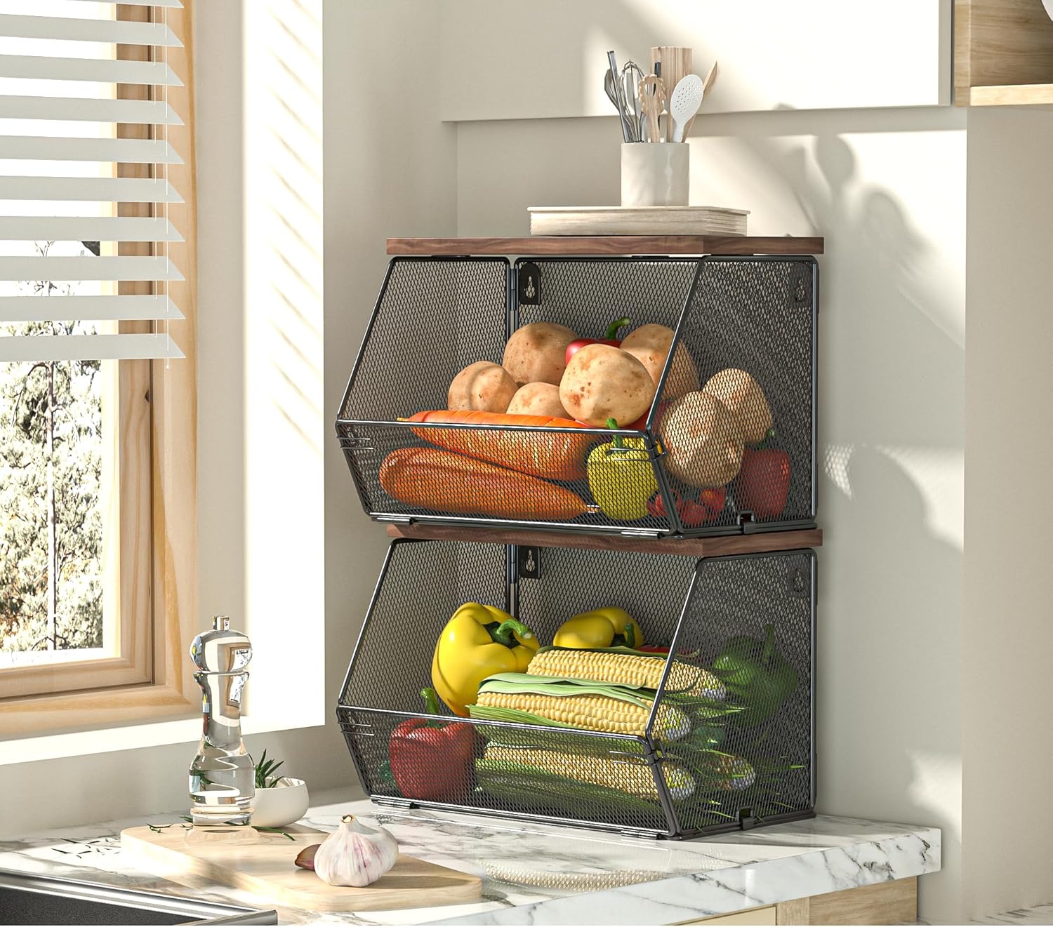 Cesta colgante de frutas con tapa de madera, paquete de 2 organizadores apilables para encimera de cocina, almacenamiento de cebollas y papas, cesta