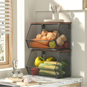 Cesta colgante de frutas con tapa de madera, paquete de 2 organizadores apilables para encimera de cocina, almacenamiento de cebollas y papas, cesta Cesta colgante de frutas con tapa de madera, paquete de 2 organizadores apilables para encimera de cocina, almacenamiento de cebollas y papas, cesta