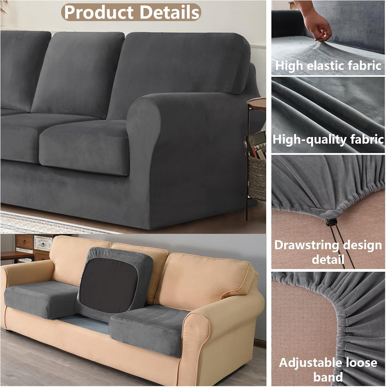 AkbiK Fundas para sofá, 357 piezas, fundas de terciopelo elástico de felpa para sofá de 3 cojines, protector de muebles suave antideslizante para