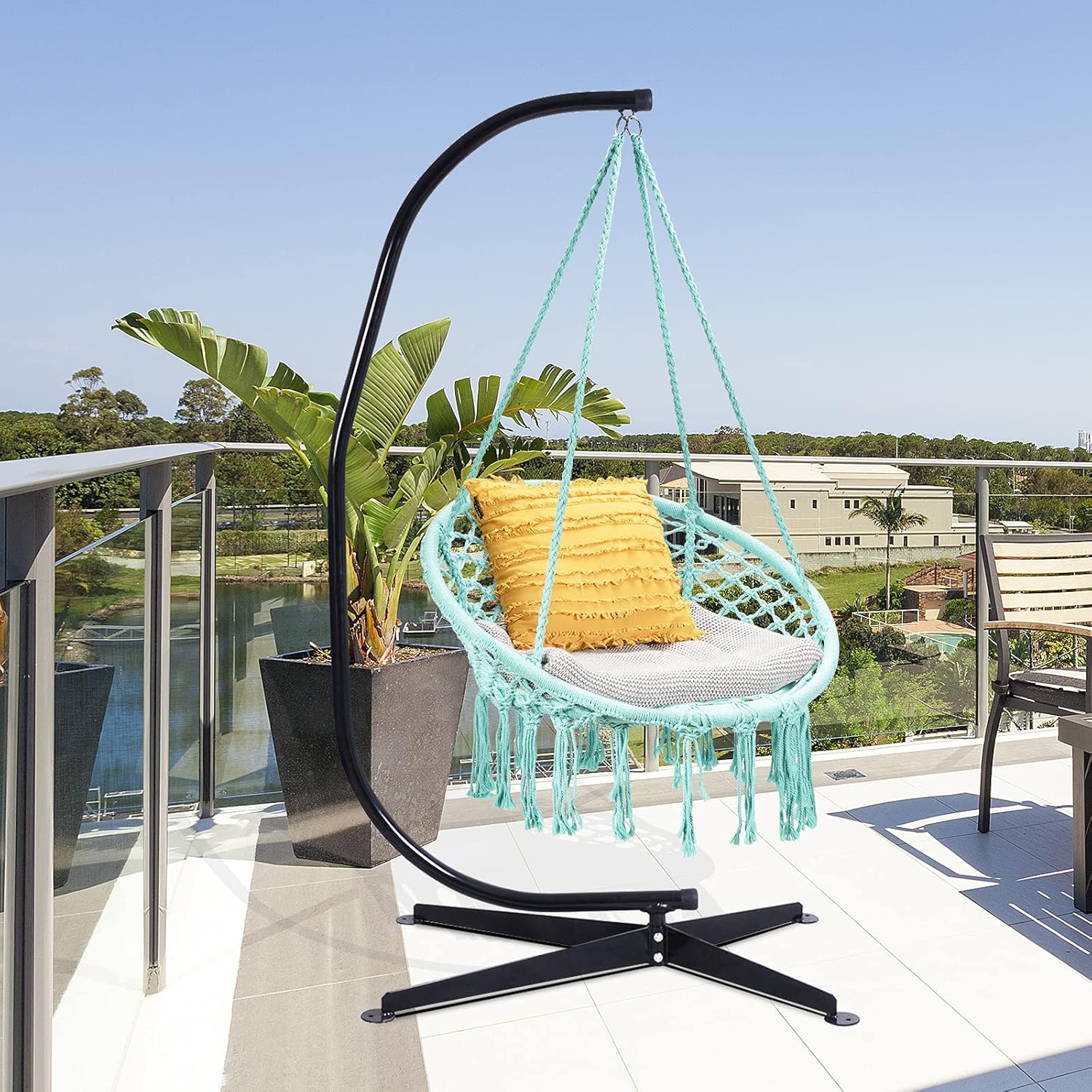 Tangkula Silla hamaca colgante, silla columpio de macramé con borlas y anillos colgantes de alta resistencia, estilo bohemio hecho a mano con cuerda
