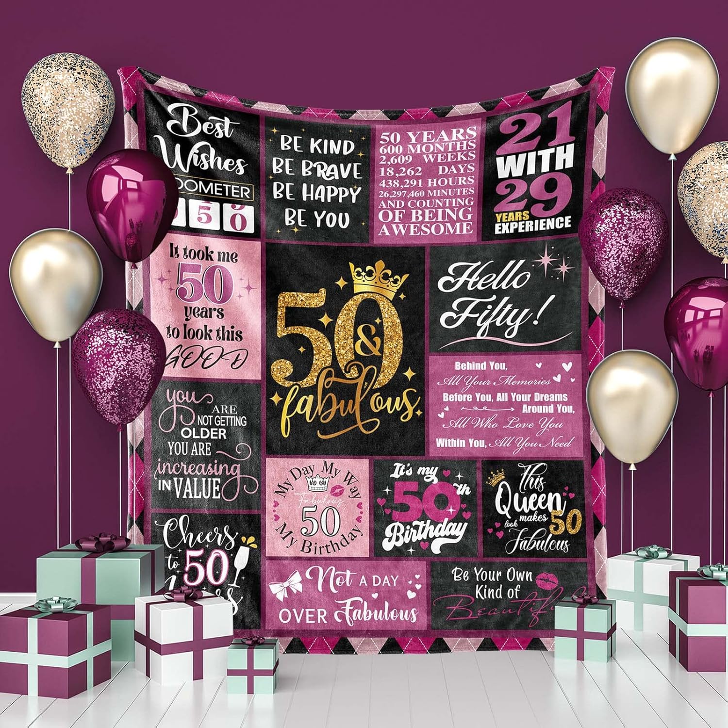 Regalos de cumpleaños número 50 para mujeres, manta de cumpleaños 50 con caja de regalo, decoraciones de cumpleaños 50 ideas de regalo para ella,