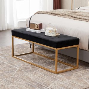 Befurtori Banco de terciopelo para dormitorio, banco tapizado en el extremo de la cama con marco de metal, moderno banco de entrada de canal Befurtori Banco de terciopelo para dormitorio, banco tapizado en el extremo de la cama con marco de metal, moderno banco de entrada de canal